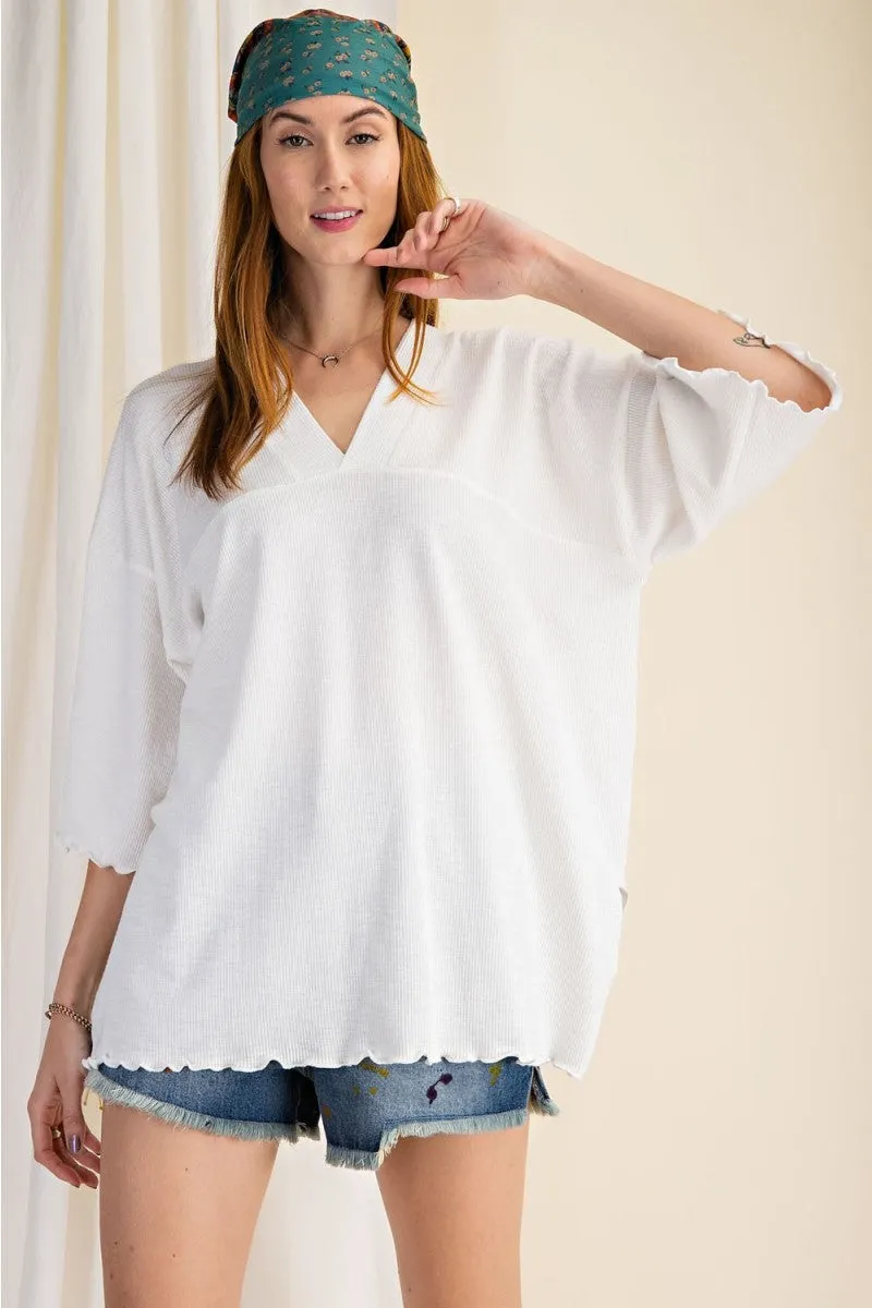 3/4 Sleeves Textured Rayon Rib Double V-Neck Top
