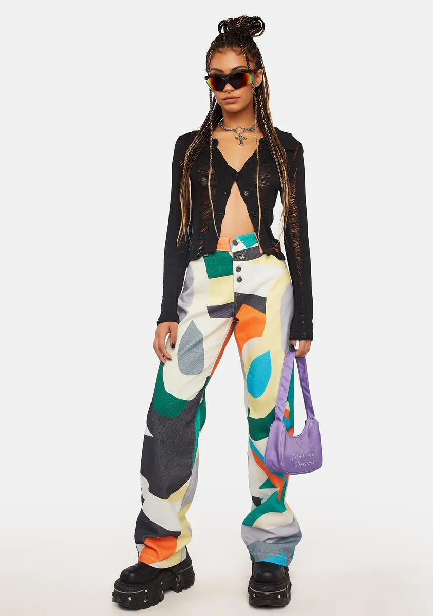 Abstract Art Print High Waist Boyfriend Jeans