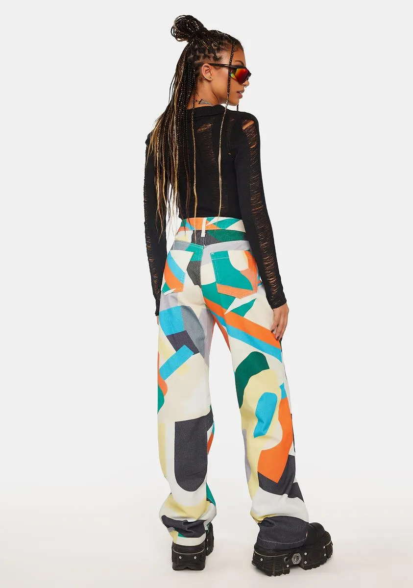 Abstract Art Print High Waist Boyfriend Jeans
