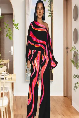 Abstract Print Diagonal Collar Wide Leg Jumpsuit