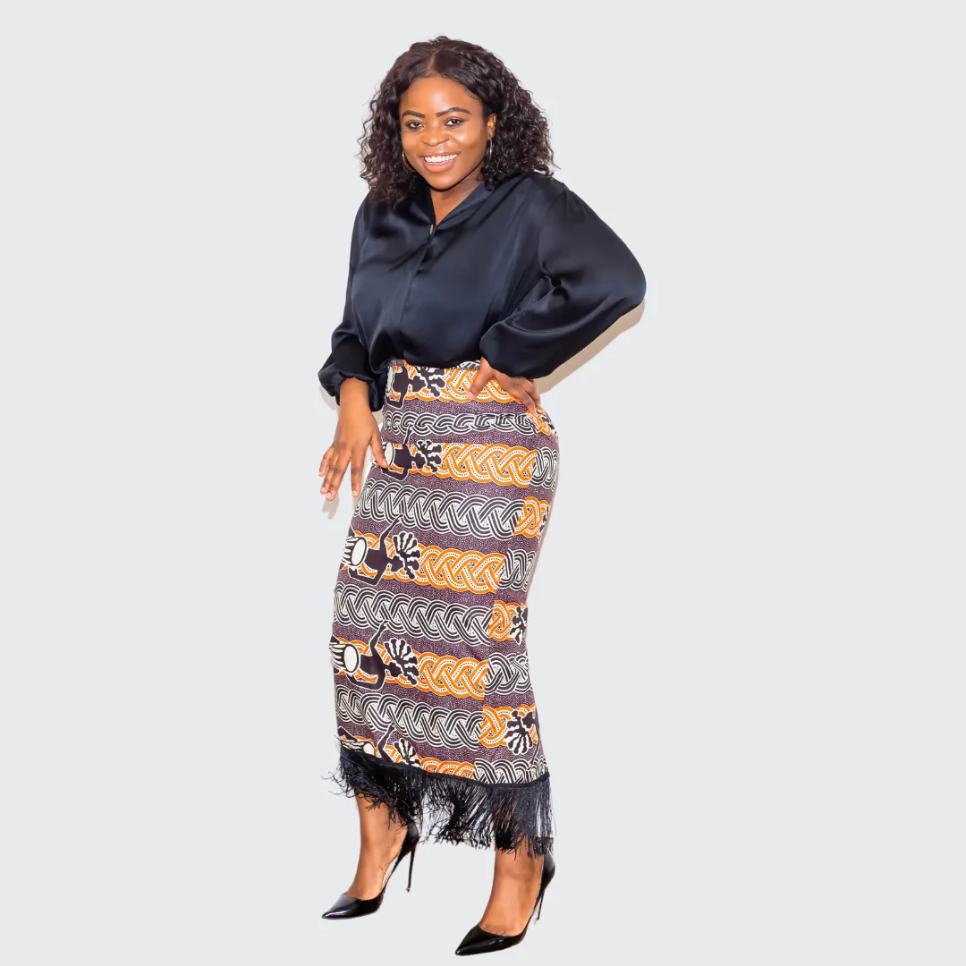 Amba Multi Color Pencil Skirt With Fringe Marcy Boutique black and white puff sleeve dress