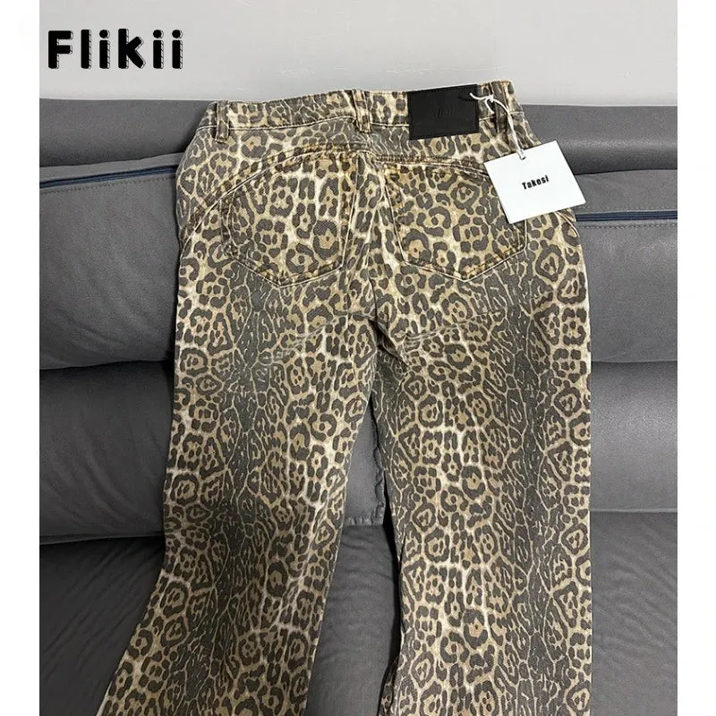 American Retro Leopard High Waist Baggy Jeans Women's Casual Pockets Y2K Panther Denim Trouser