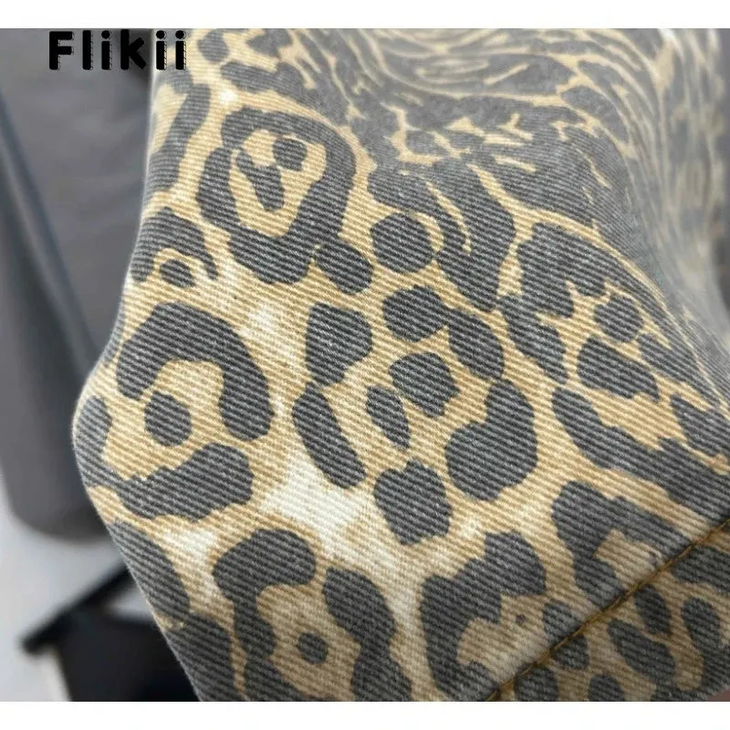 American Retro Leopard High Waist Baggy Jeans Women's Casual Pockets Y2K Panther Denim Trouser