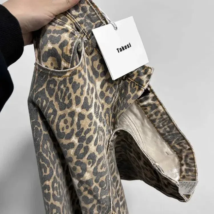 American Retro Leopard High Waist Baggy Jeans Women's Casual Pockets Y2K Panther Denim Trouser