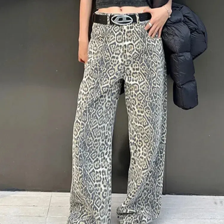 American Retro Leopard High Waist Baggy Jeans Women's Casual Pockets Y2K Panther Denim Trouser