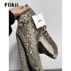 American Retro Leopard High Waist Baggy Jeans Women's Casual Pockets Y2K Panther Denim Trouser