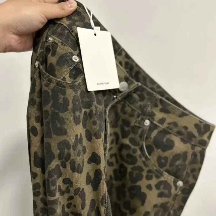 American Retro Leopard High Waist Baggy Jeans Women's Casual Pockets Y2K Panther Denim Trouser