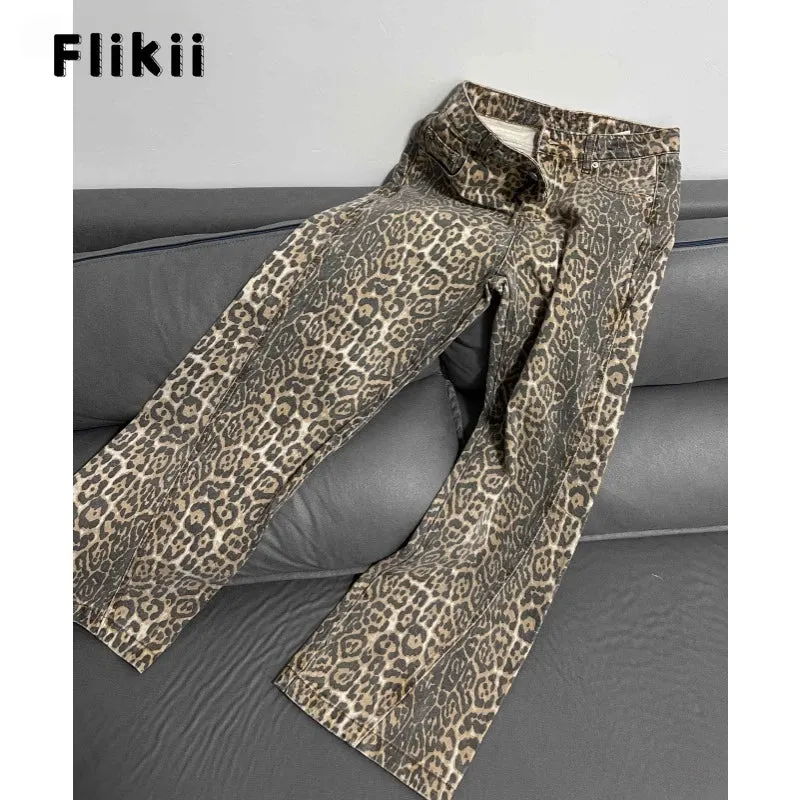 American Retro Leopard High Waist Baggy Jeans Women's Casual Pockets Y2K Panther Denim Trouser