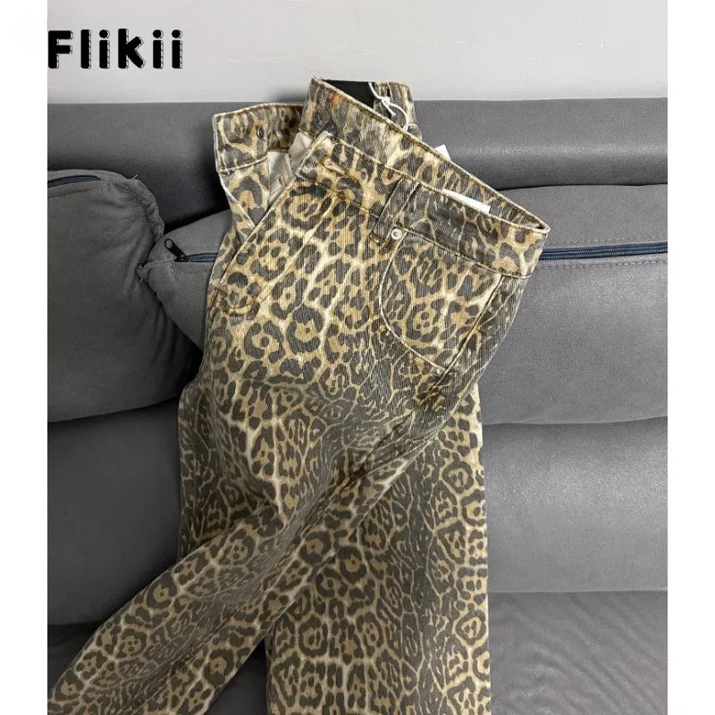 American Retro Leopard High Waist Baggy Jeans Women's Casual Pockets Y2K Panther Denim Trouser