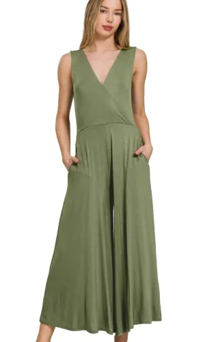 Arija Light Olive Surplice Pocket Luxe Knit Crop Jumpsuit Romper
