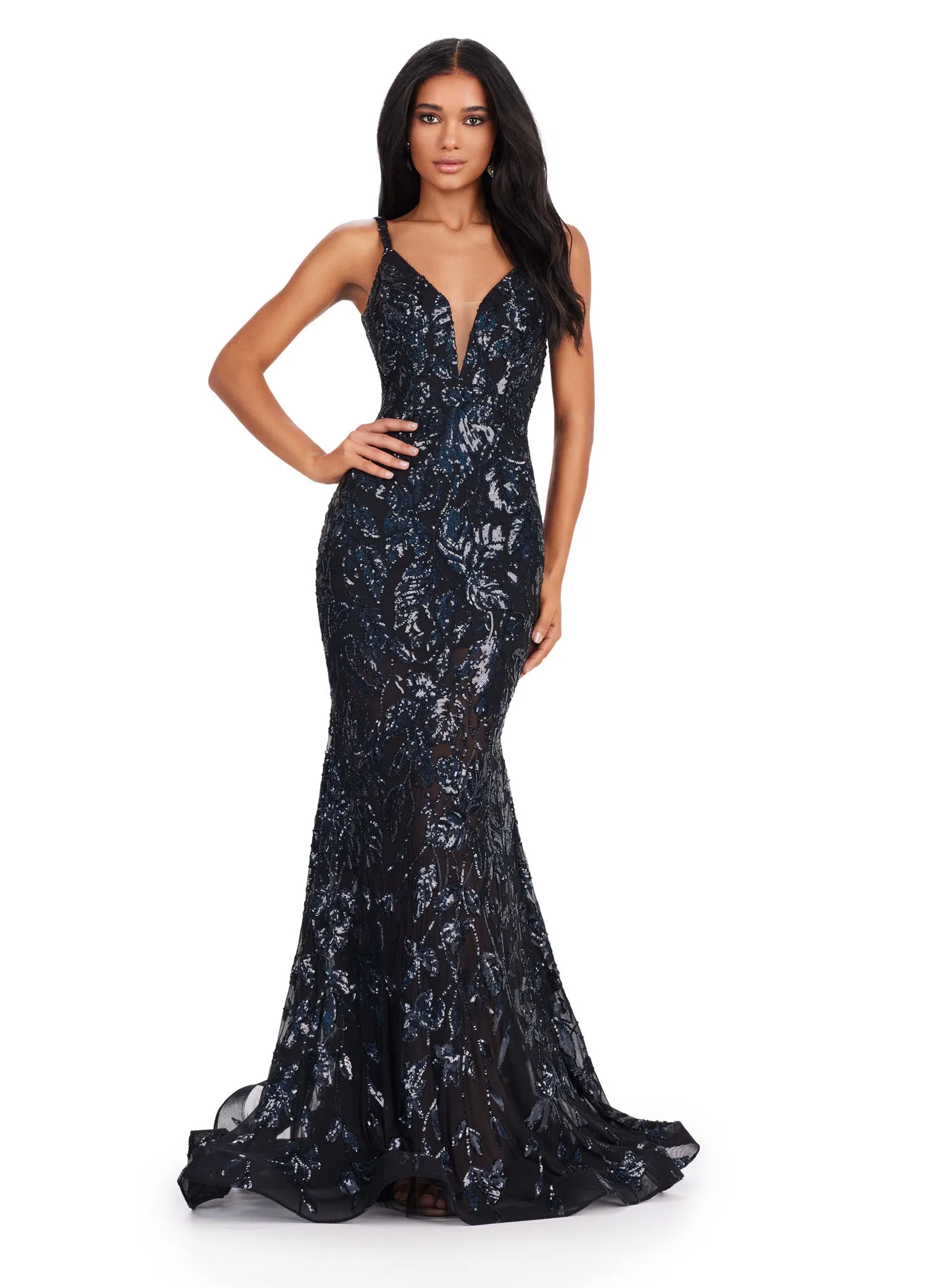 Ashley Lauren 11444 Long Prom Dress Mermaid Spaghetti Strap Sequin Gown Low Back Formal Pageant Gown