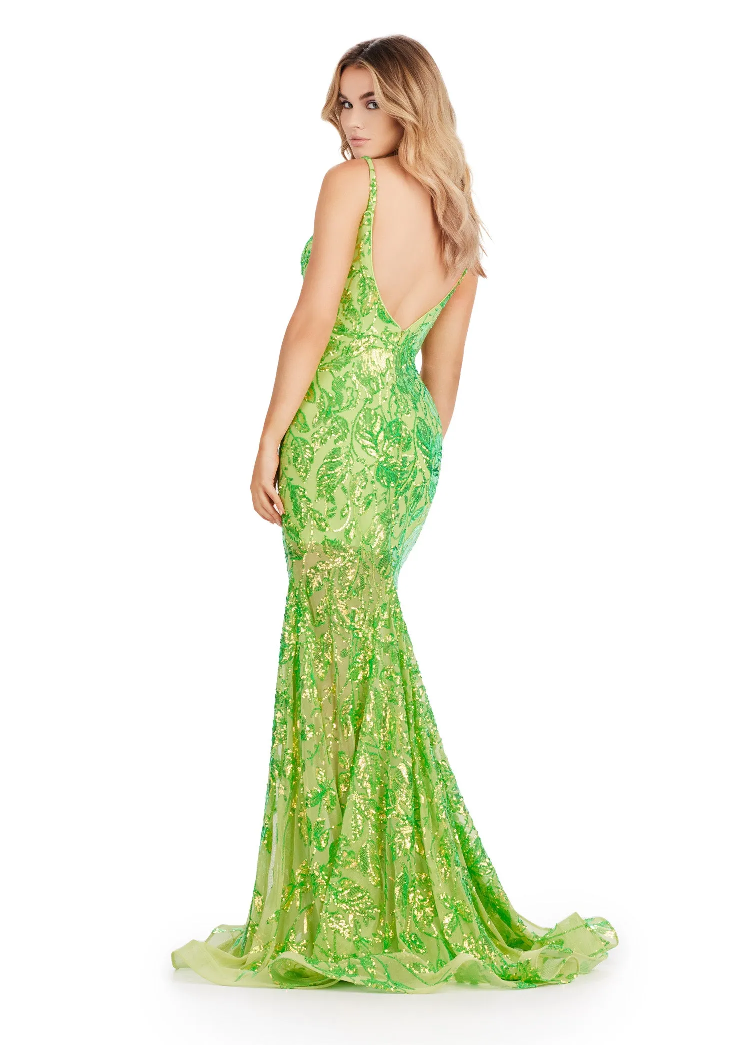 Ashley Lauren 11444 Long Prom Dress Mermaid Spaghetti Strap Sequin Gown Low Back Formal Pageant Gown