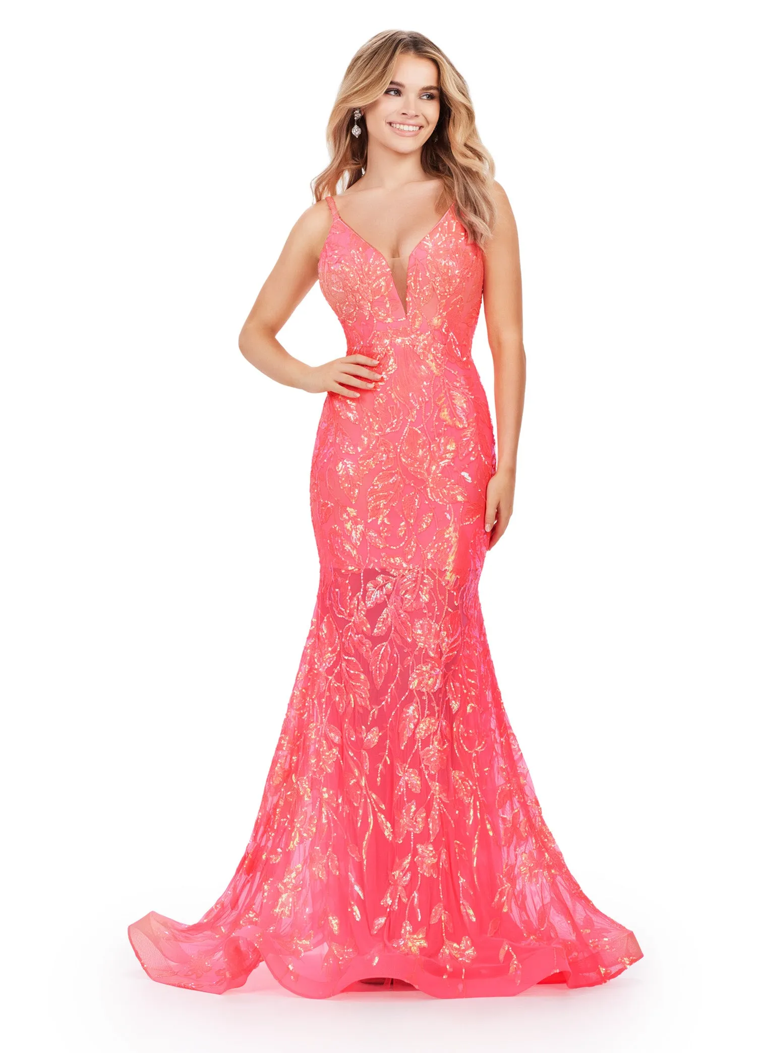 Ashley Lauren 11444 Long Prom Dress Mermaid Spaghetti Strap Sequin Gown Low Back Formal Pageant Gown