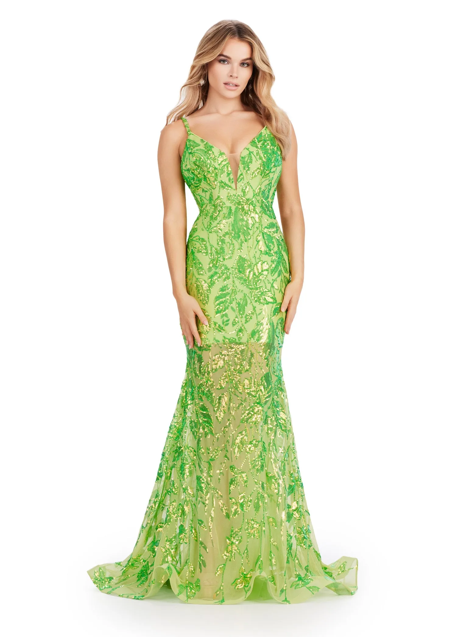 Ashley Lauren 11444 Long Prom Dress Mermaid Spaghetti Strap Sequin Gown Low Back Formal Pageant Gown