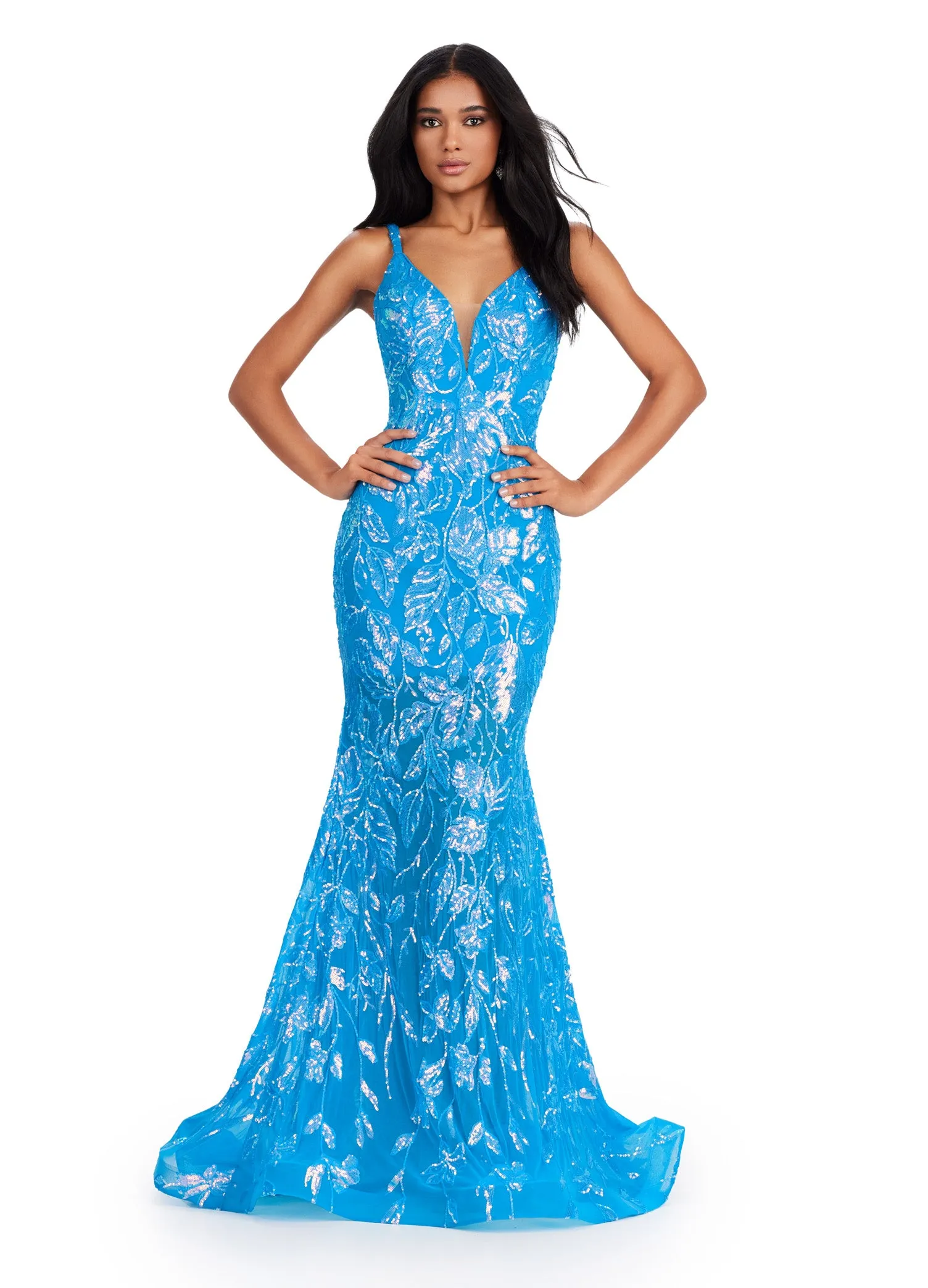 Ashley Lauren 11444 Long Prom Dress Mermaid Spaghetti Strap Sequin Gown Low Back Formal Pageant Gown