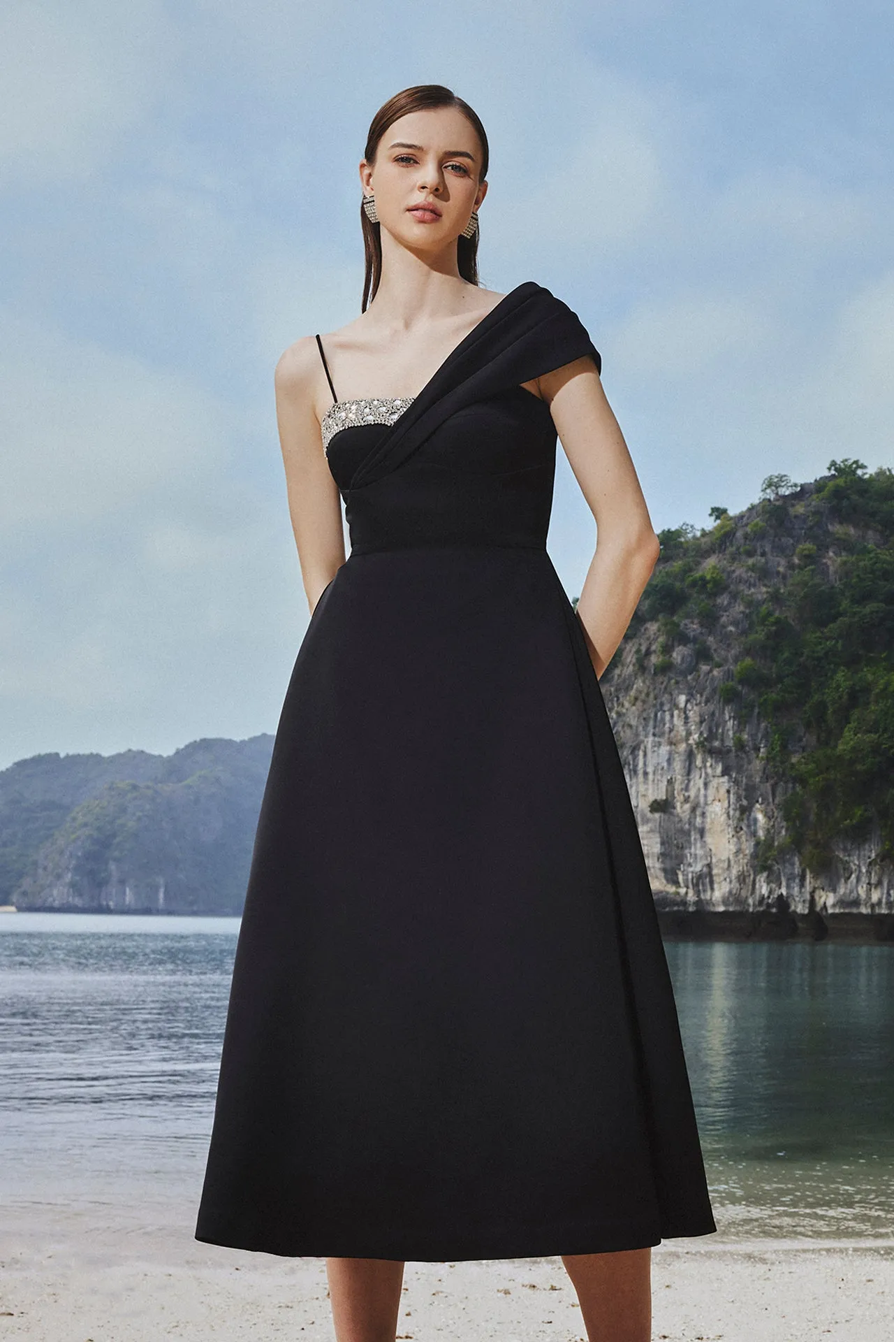 Asymmetrical One-Shoulder Midi Dress