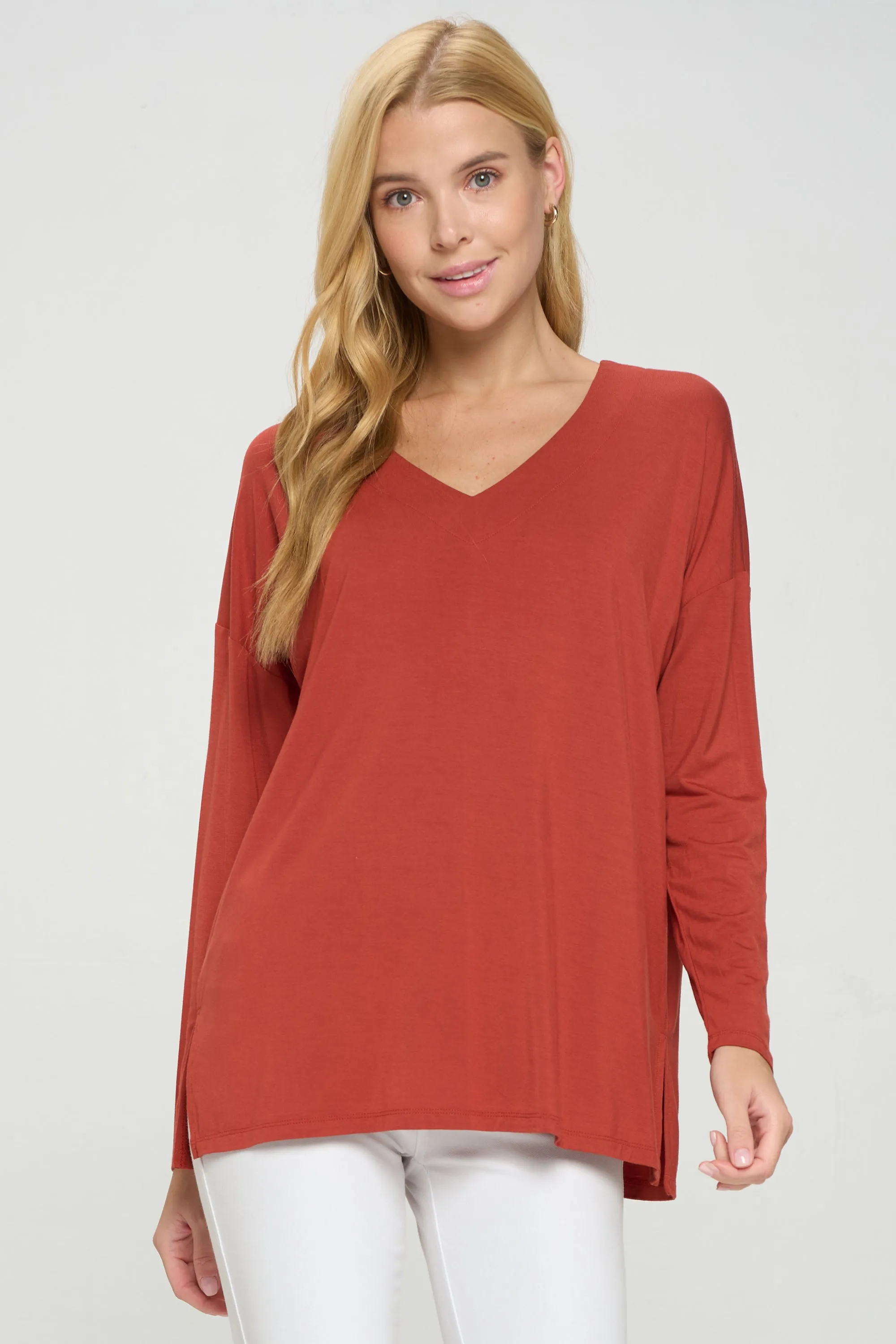 Basic V-Neck Solid Long Sleeve Top