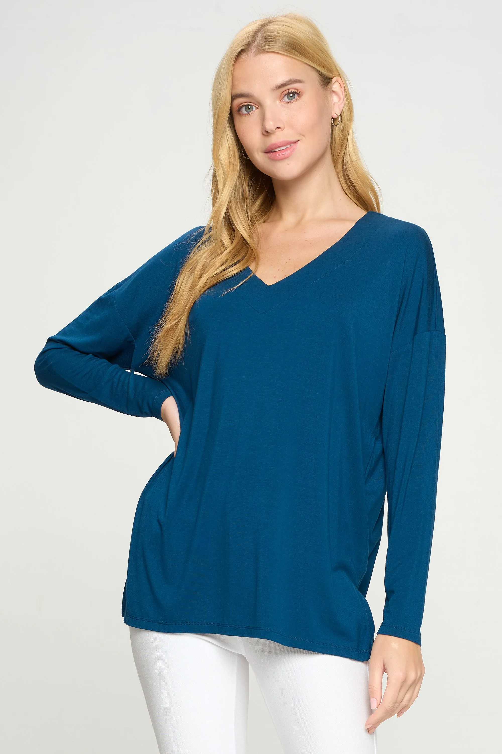Basic V-Neck Solid Long Sleeve Top