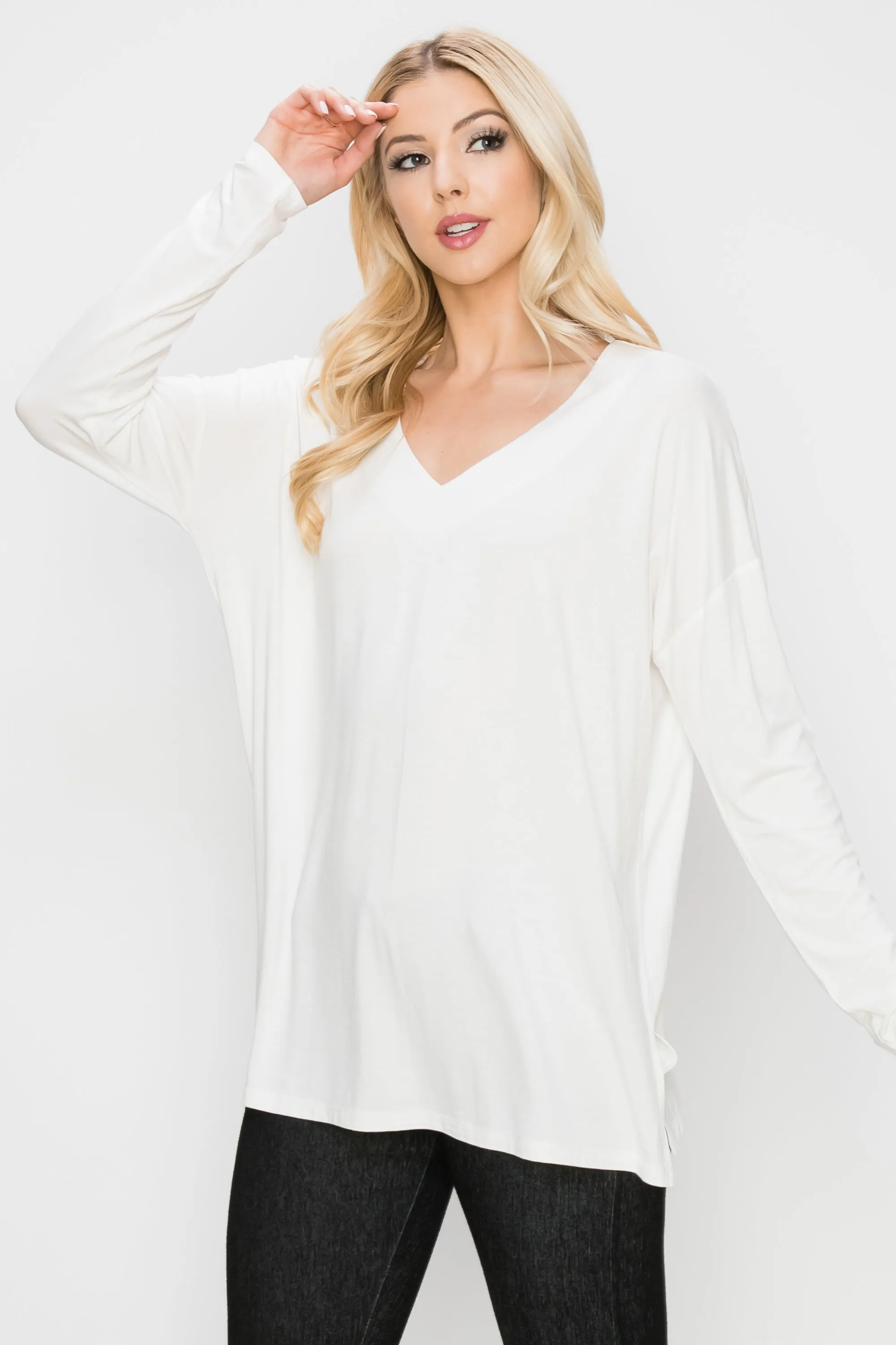 Basic V-Neck Solid Long Sleeve Top