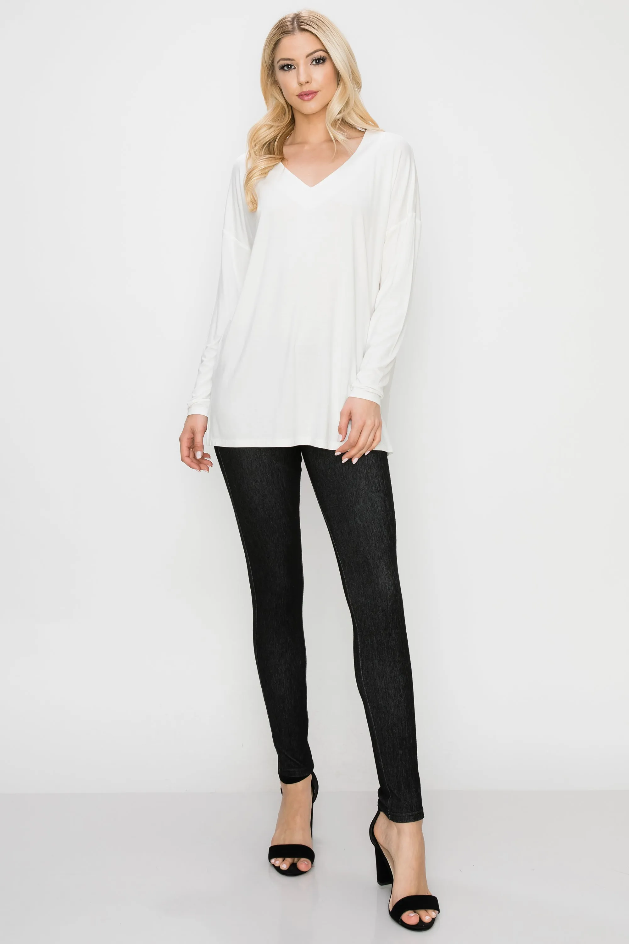 Basic V-Neck Solid Long Sleeve Top
