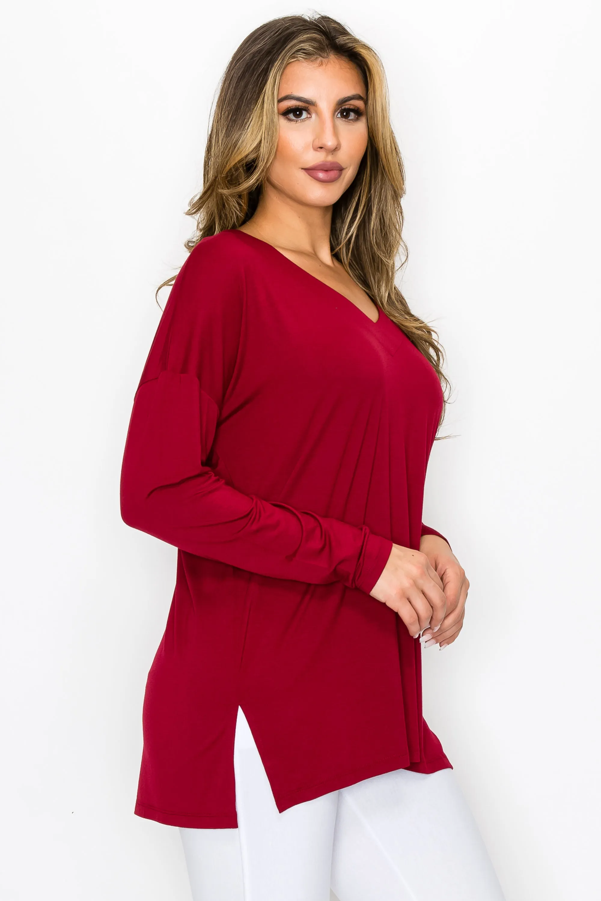 Basic V-Neck Solid Long Sleeve Top