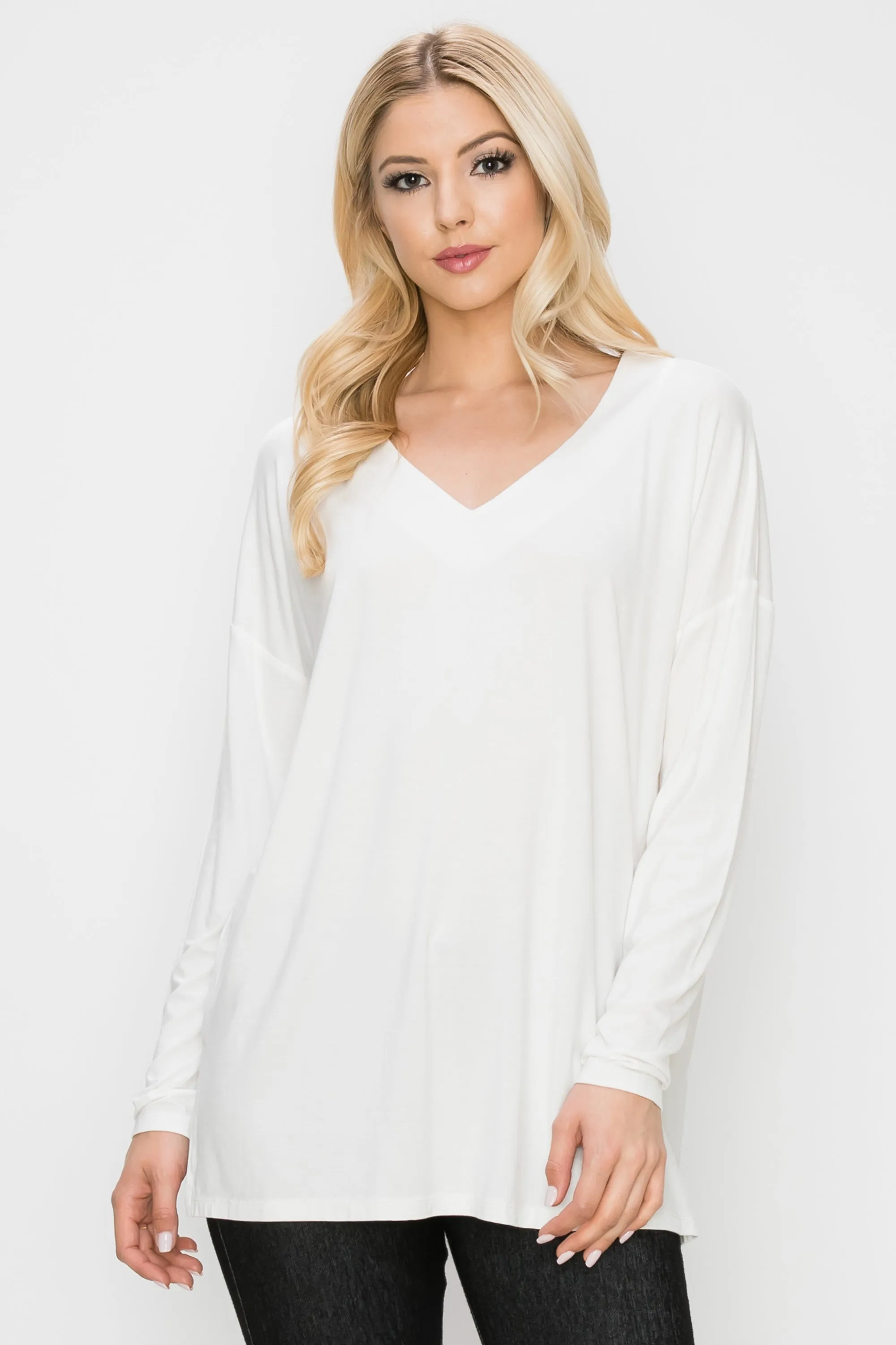 Basic V-Neck Solid Long Sleeve Top