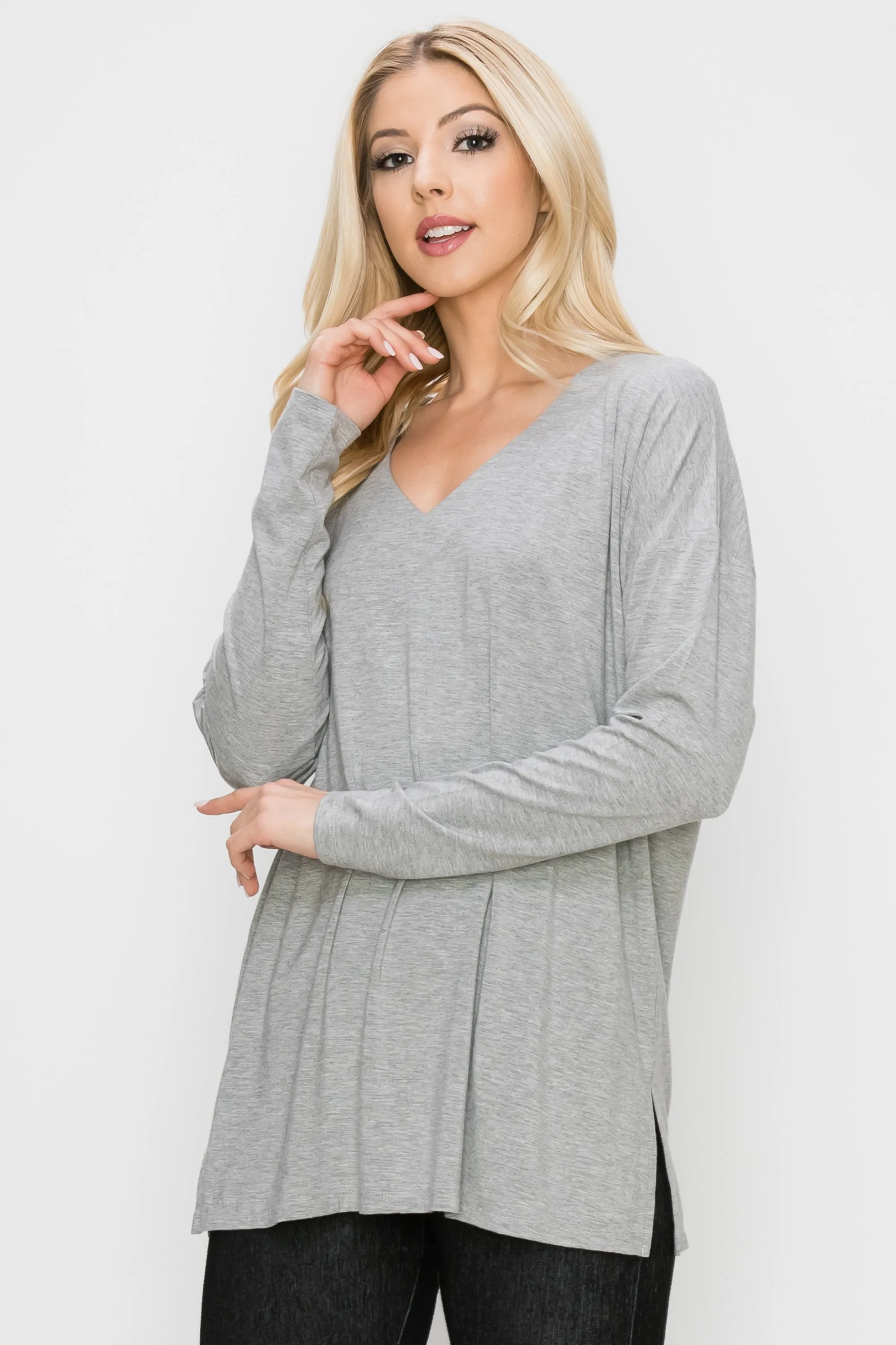 Basic V-Neck Solid Long Sleeve Top