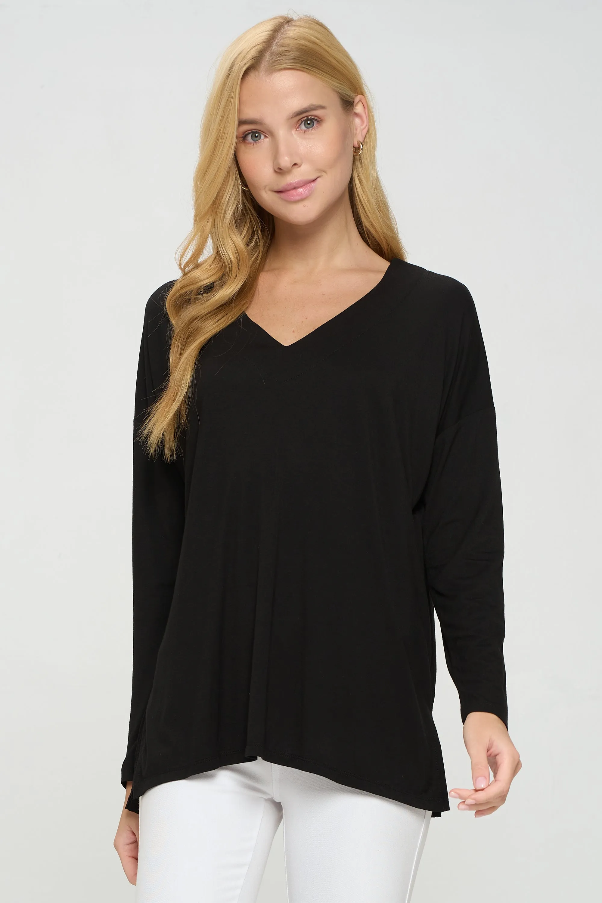 Basic V-Neck Solid Long Sleeve Top