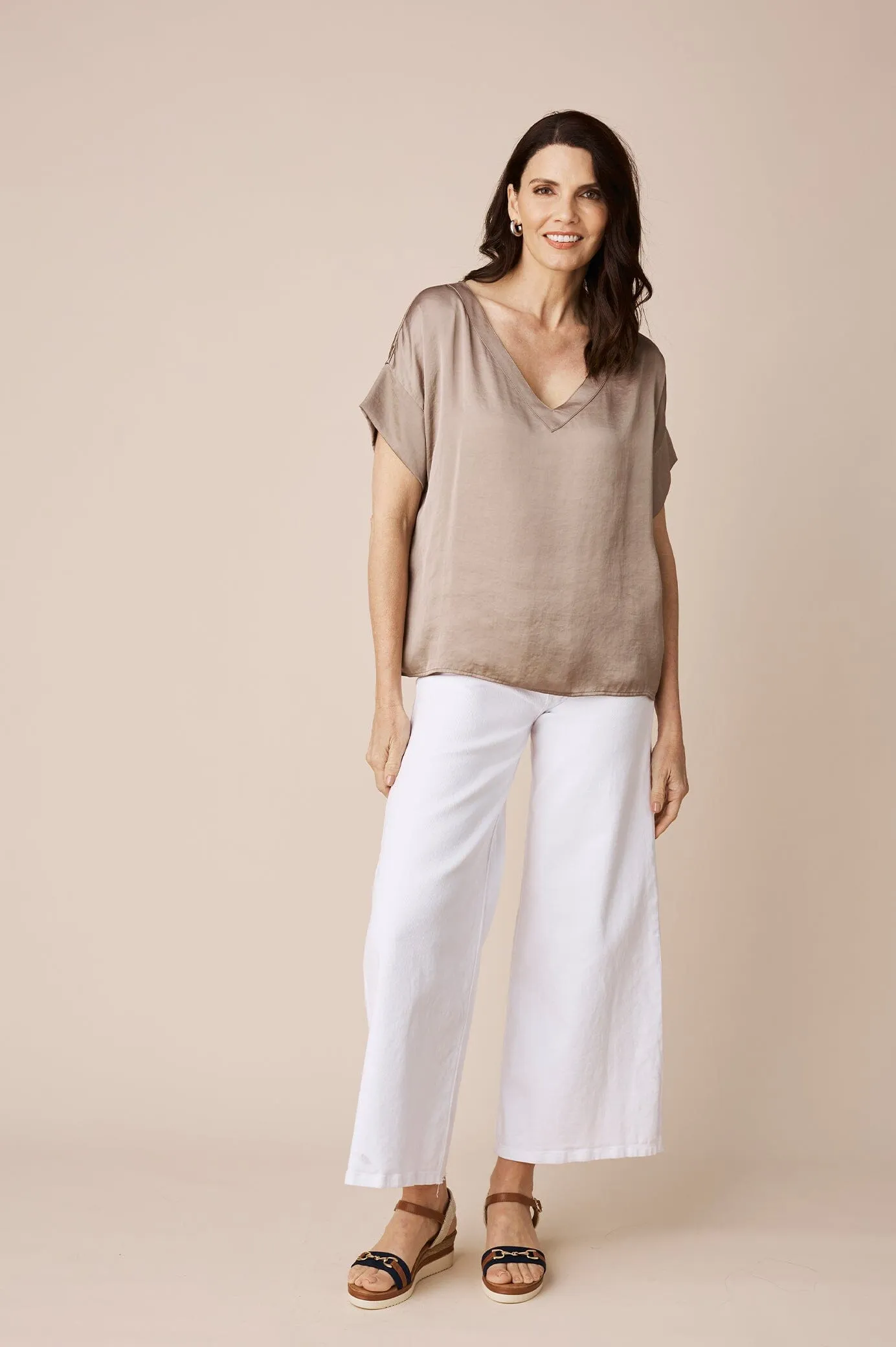 Bianca Short Sleeve Top Almond with V Neck