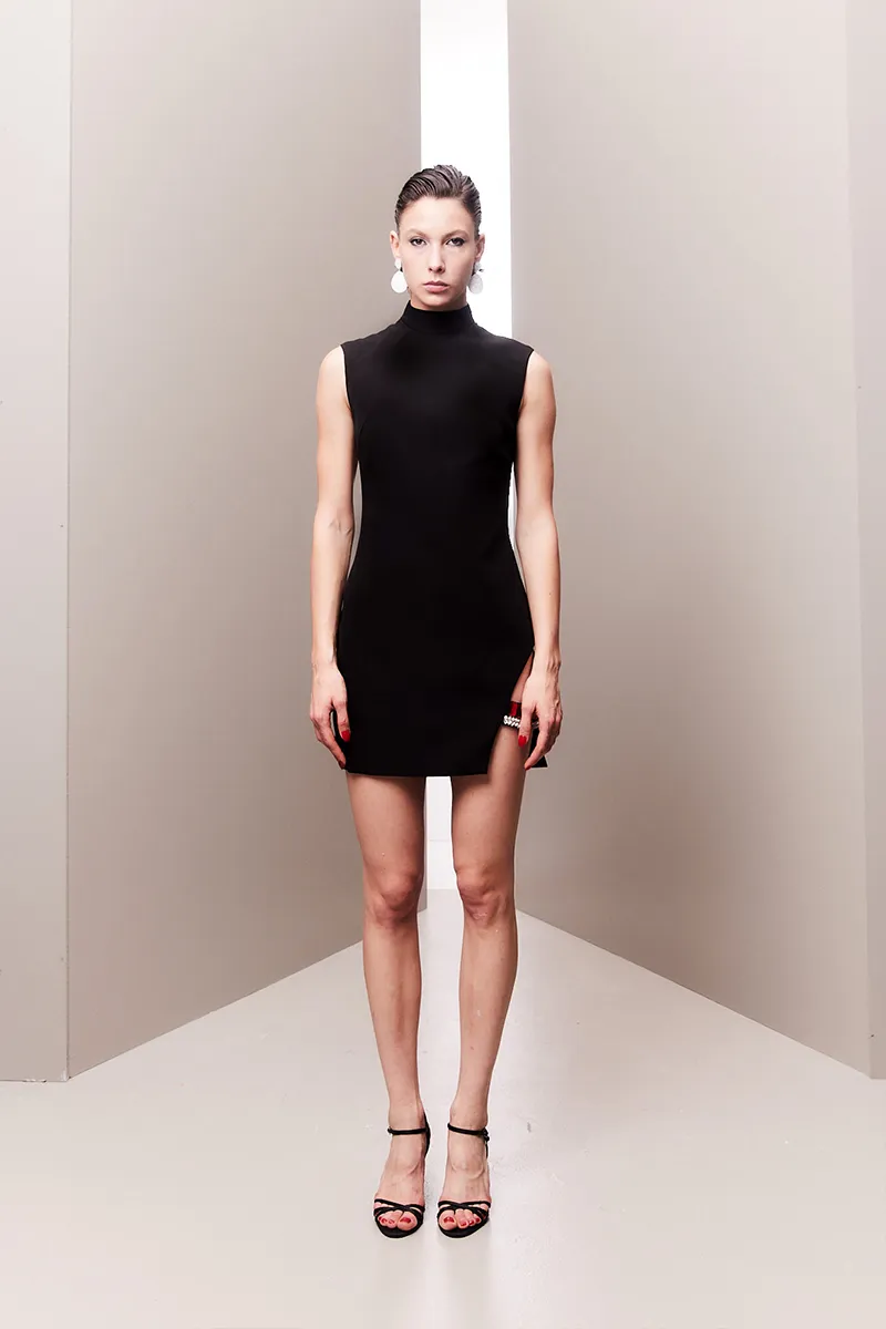 BLACK CRYSTAL ACCENTS CUT-OUT MINI DRESS