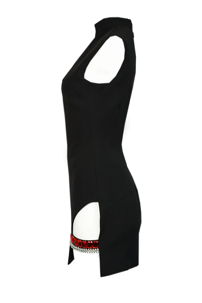 BLACK CRYSTAL ACCENTS CUT-OUT MINI DRESS