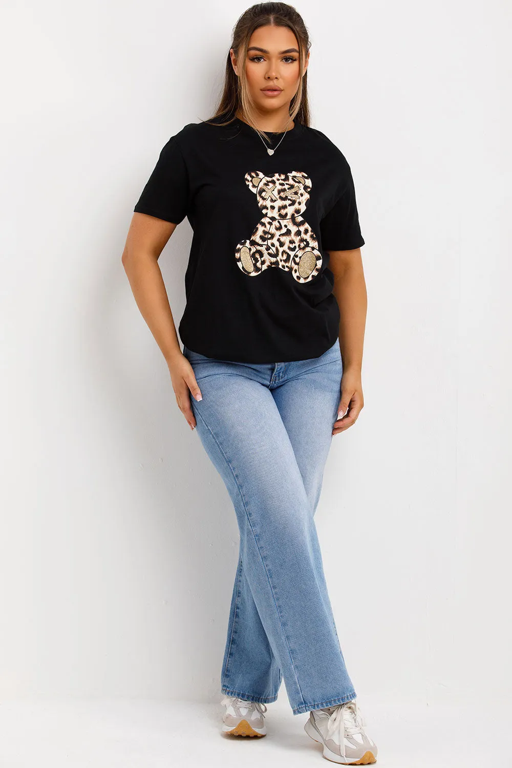 Black T Shirt With Leopard Print Teddy Bear