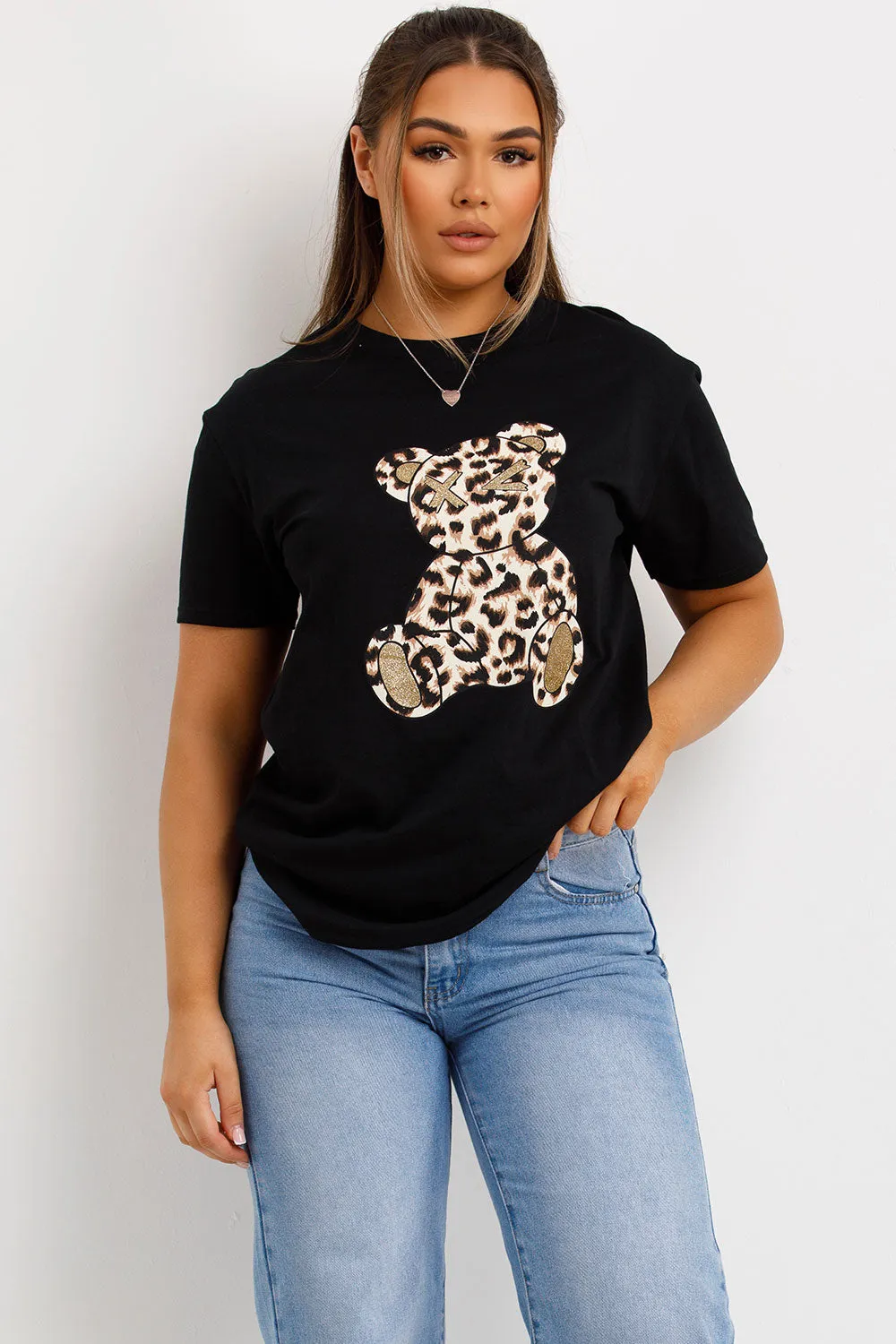 Black T Shirt With Leopard Print Teddy Bear