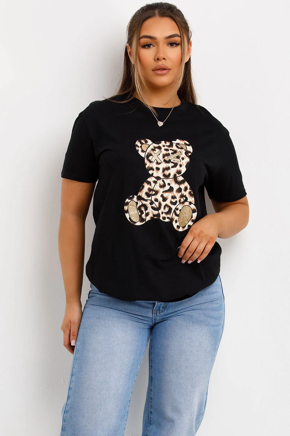 Black T Shirt With Leopard Print Teddy Bear