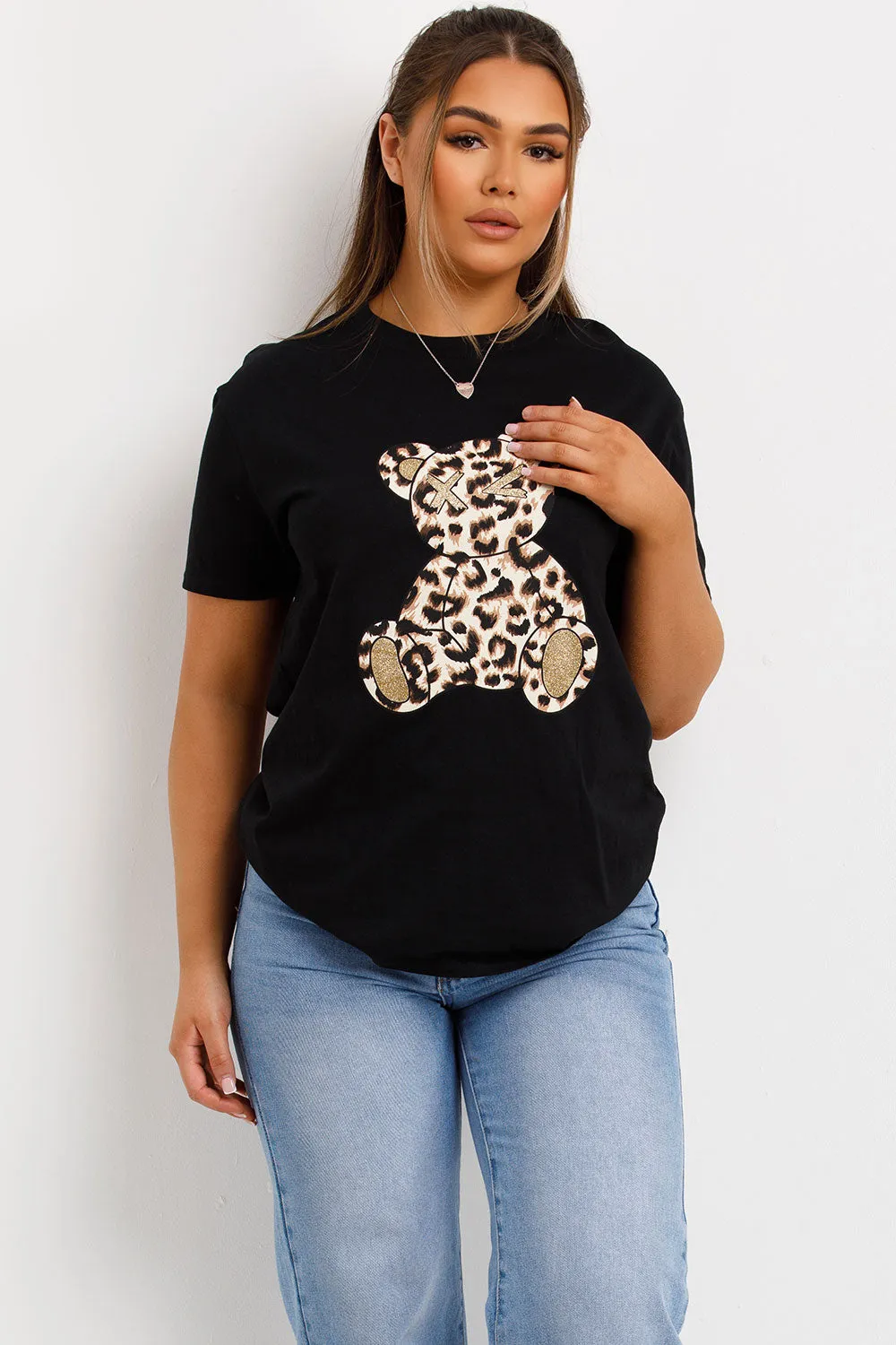 Black T Shirt With Leopard Print Teddy Bear