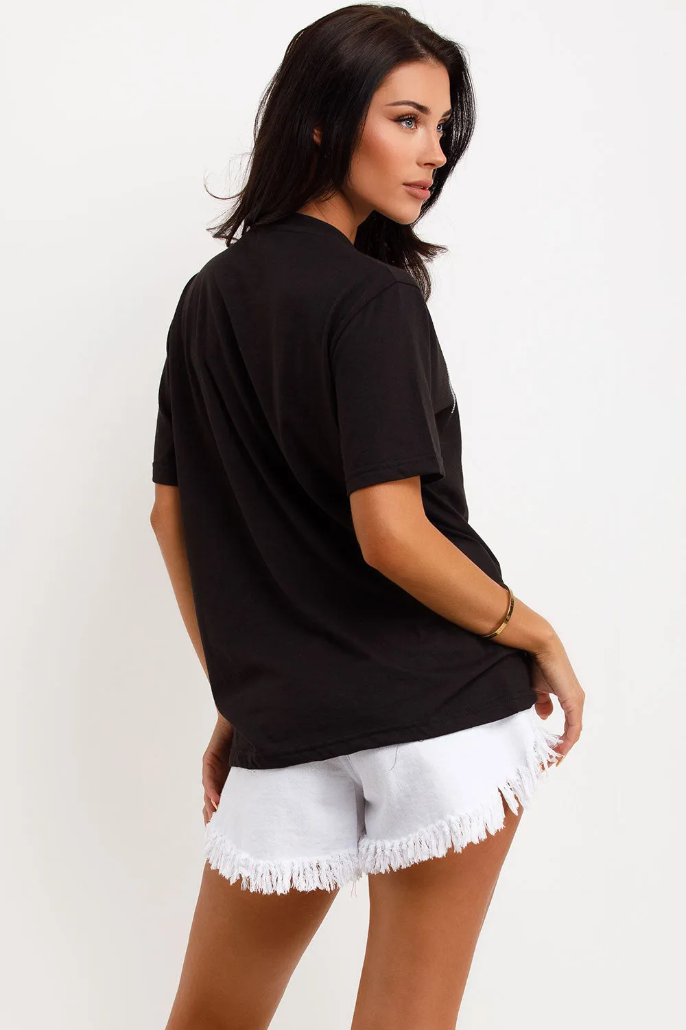 Black T Shirt With Paris Diamante Slogan