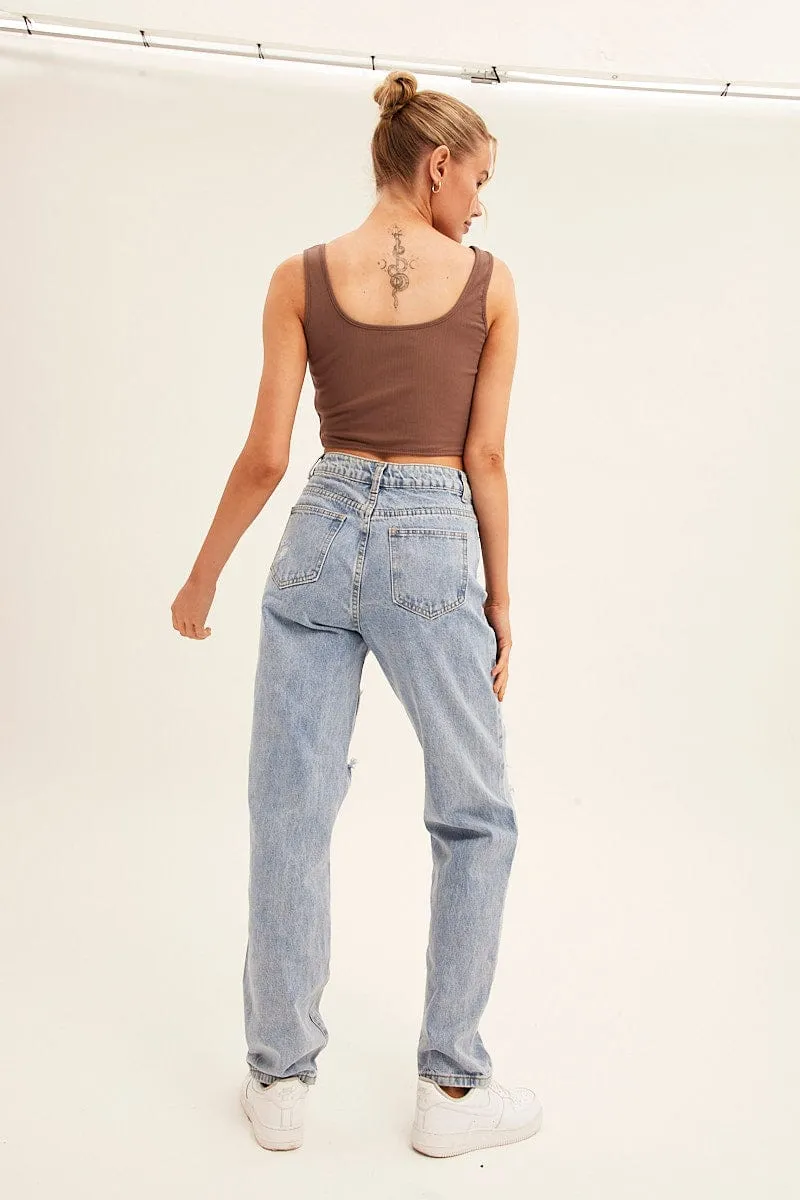 Blue Denim Jeans High Rise Boyfriend