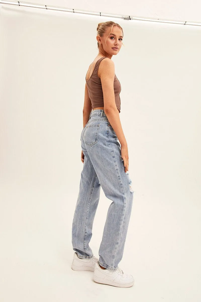 Blue Denim Jeans High Rise Boyfriend