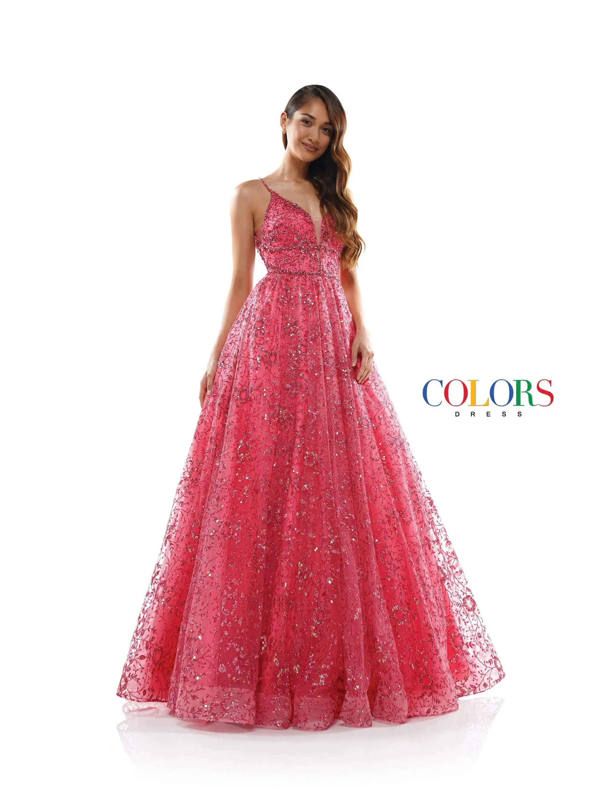 Colors Dress 2288 Long Prom Dress Glitter Sequin Mesh Ball Gown Beaded Bodice Plunging  Neckline Formal Pageant