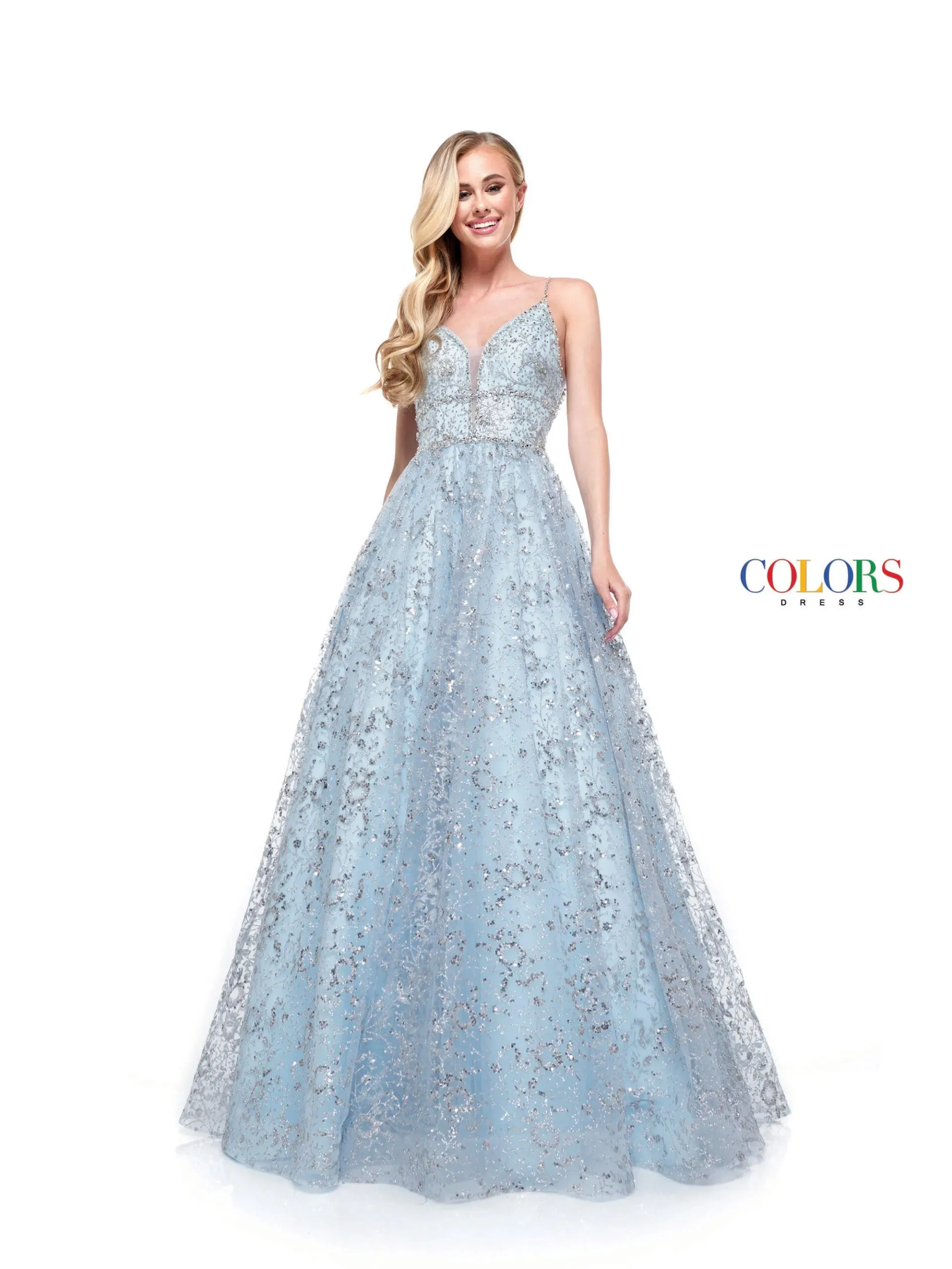 Colors Dress 2288 Long Prom Dress Glitter Sequin Mesh Ball Gown Beaded Bodice Plunging  Neckline Formal Pageant