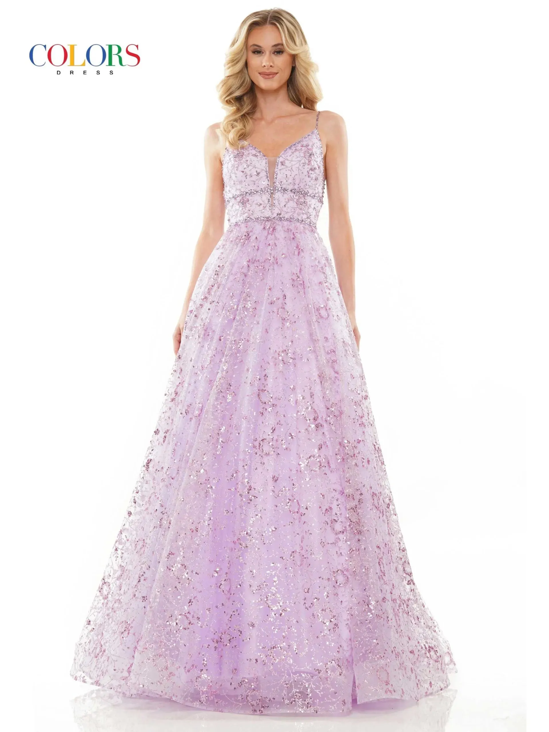 Colors Dress 2288 Long Prom Dress Glitter Sequin Mesh Ball Gown Beaded Bodice Plunging  Neckline Formal Pageant