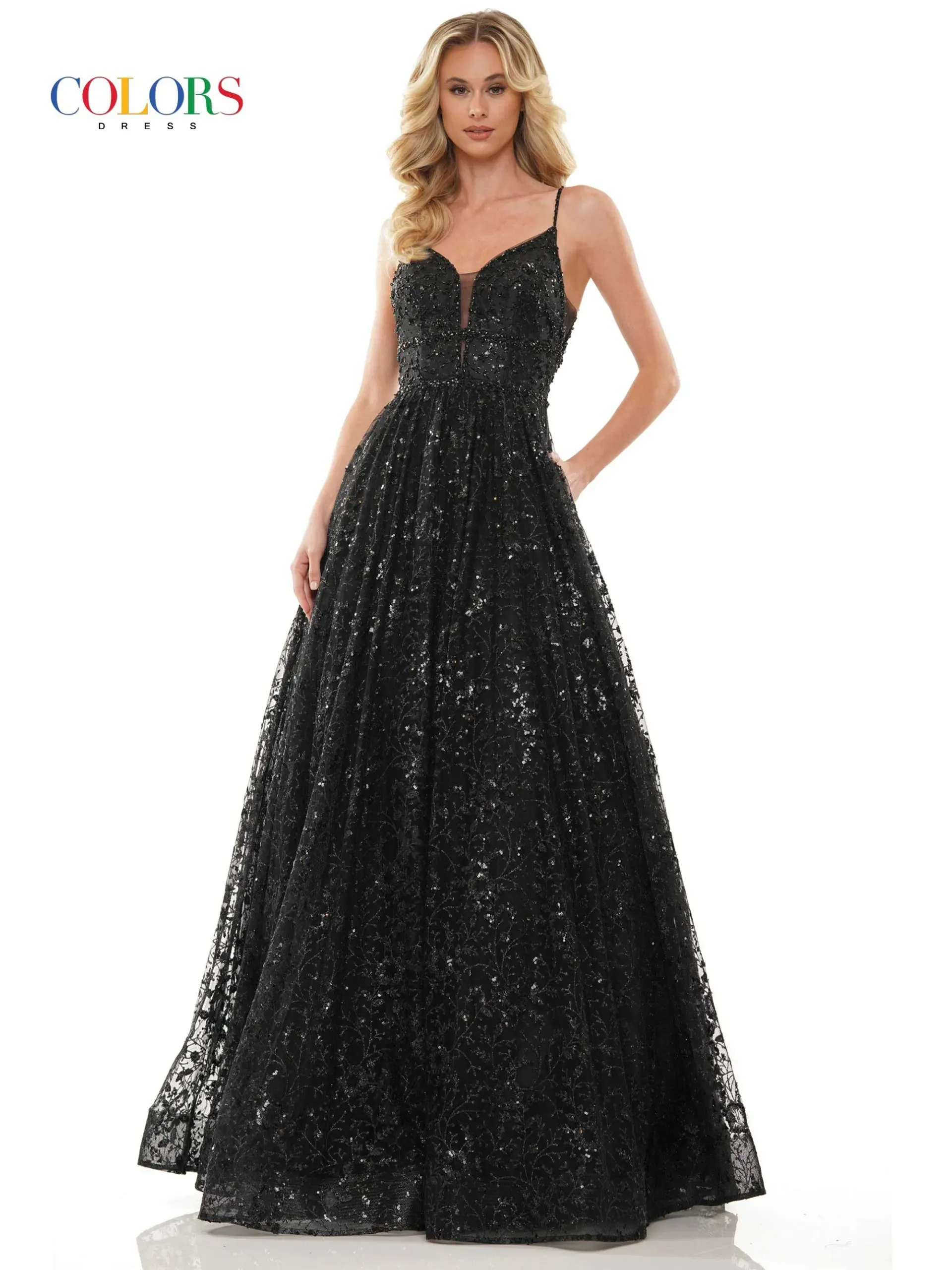 Colors Dress 2288 Long Prom Dress Glitter Sequin Mesh Ball Gown Beaded Bodice Plunging  Neckline Formal Pageant