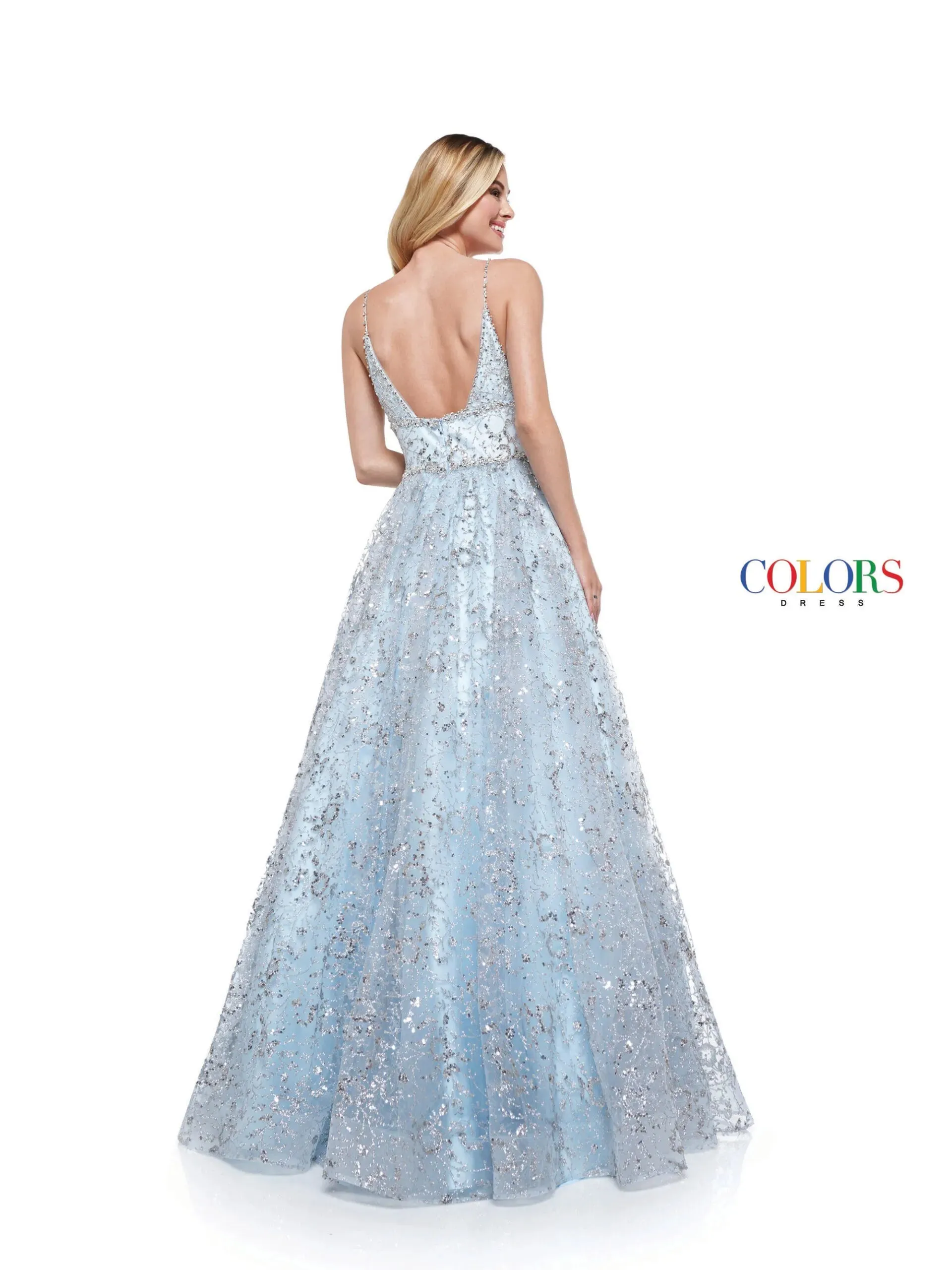 Colors Dress 2288 Long Prom Dress Glitter Sequin Mesh Ball Gown Beaded Bodice Plunging  Neckline Formal Pageant