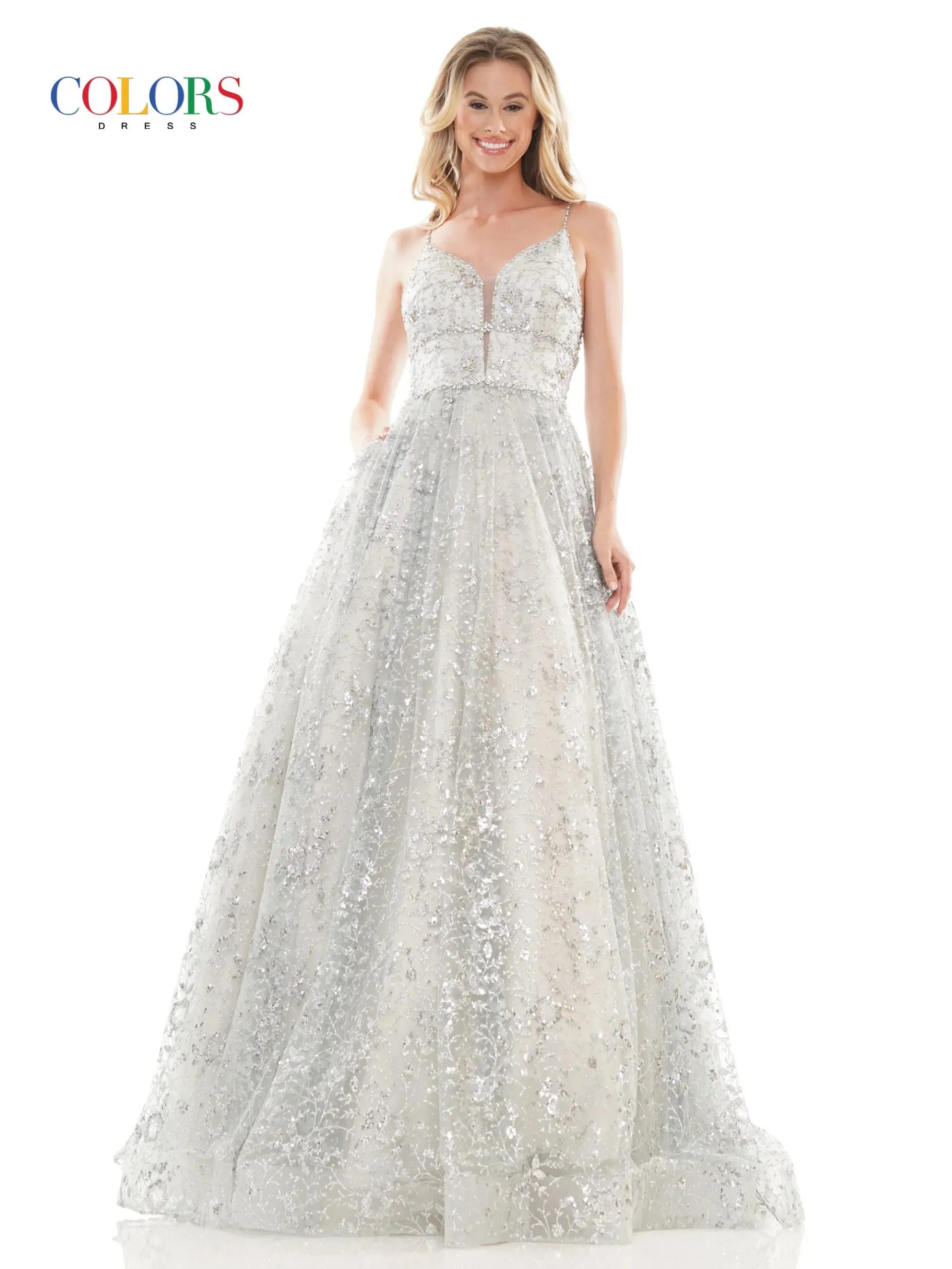 Colors Dress 2288 Long Prom Dress Glitter Sequin Mesh Ball Gown Beaded Bodice Plunging  Neckline Formal Pageant