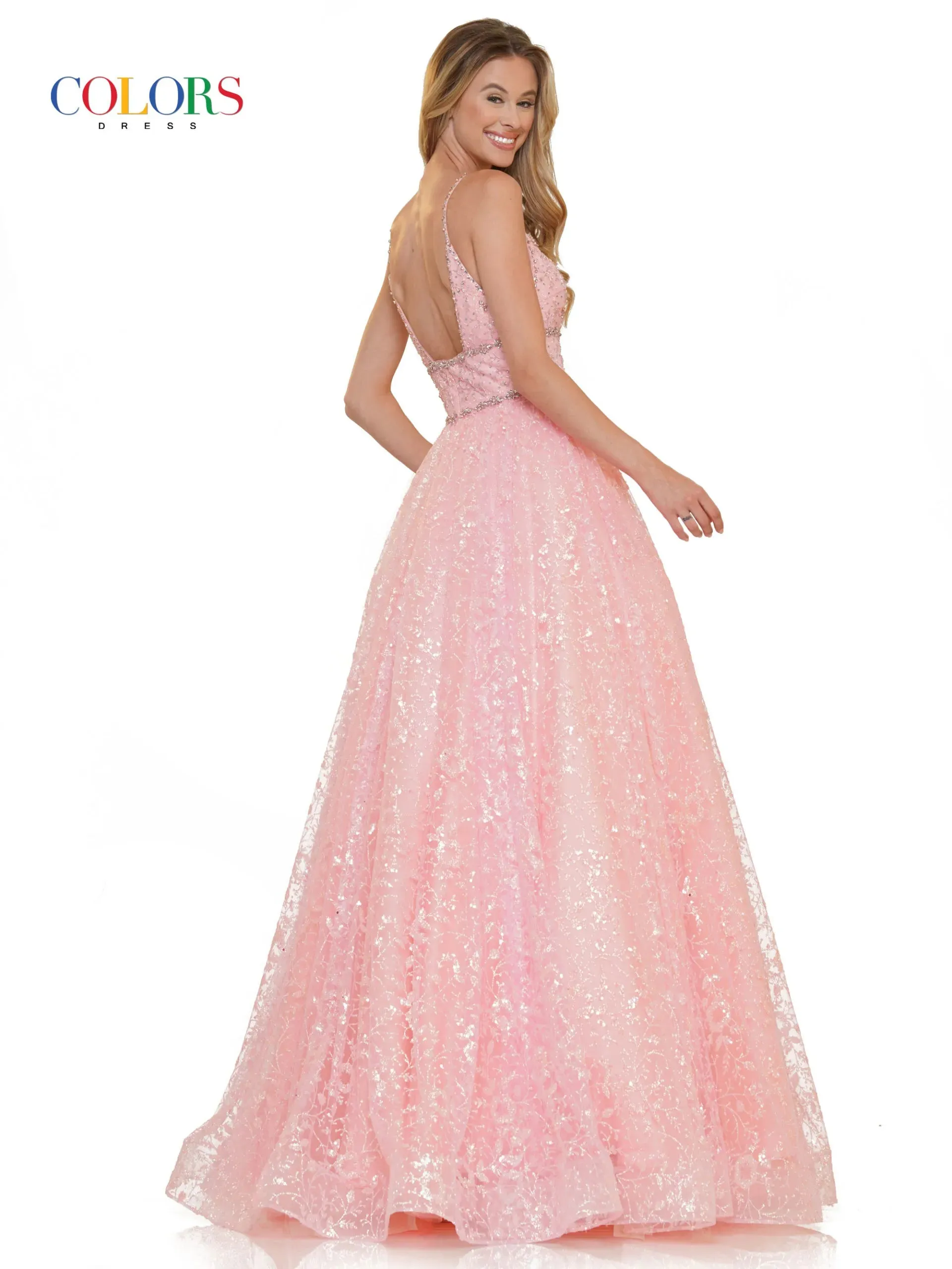 Colors Dress 2288 Long Prom Dress Glitter Sequin Mesh Ball Gown Beaded Bodice Plunging  Neckline Formal Pageant