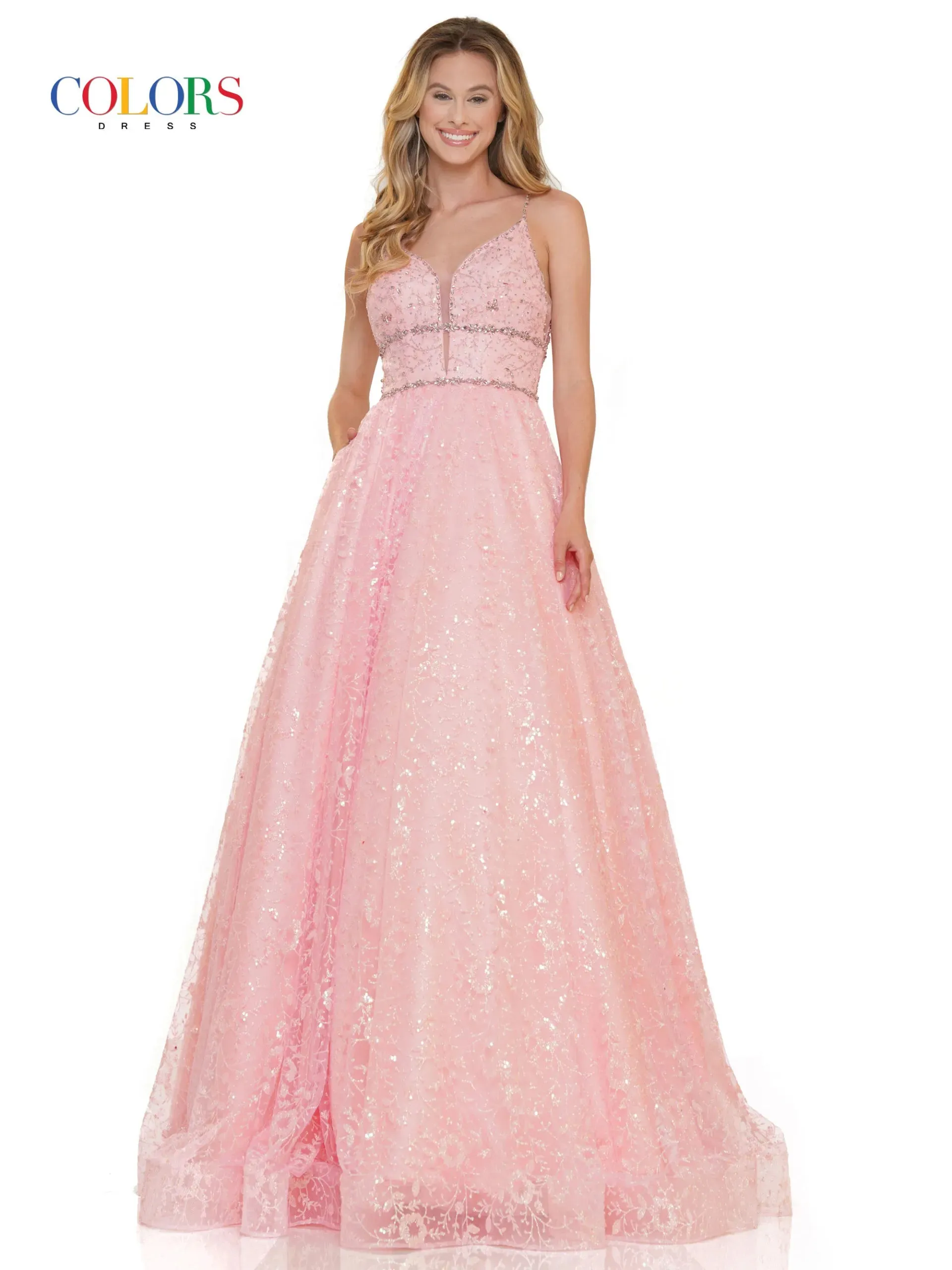 Colors Dress 2288 Long Prom Dress Glitter Sequin Mesh Ball Gown Beaded Bodice Plunging  Neckline Formal Pageant