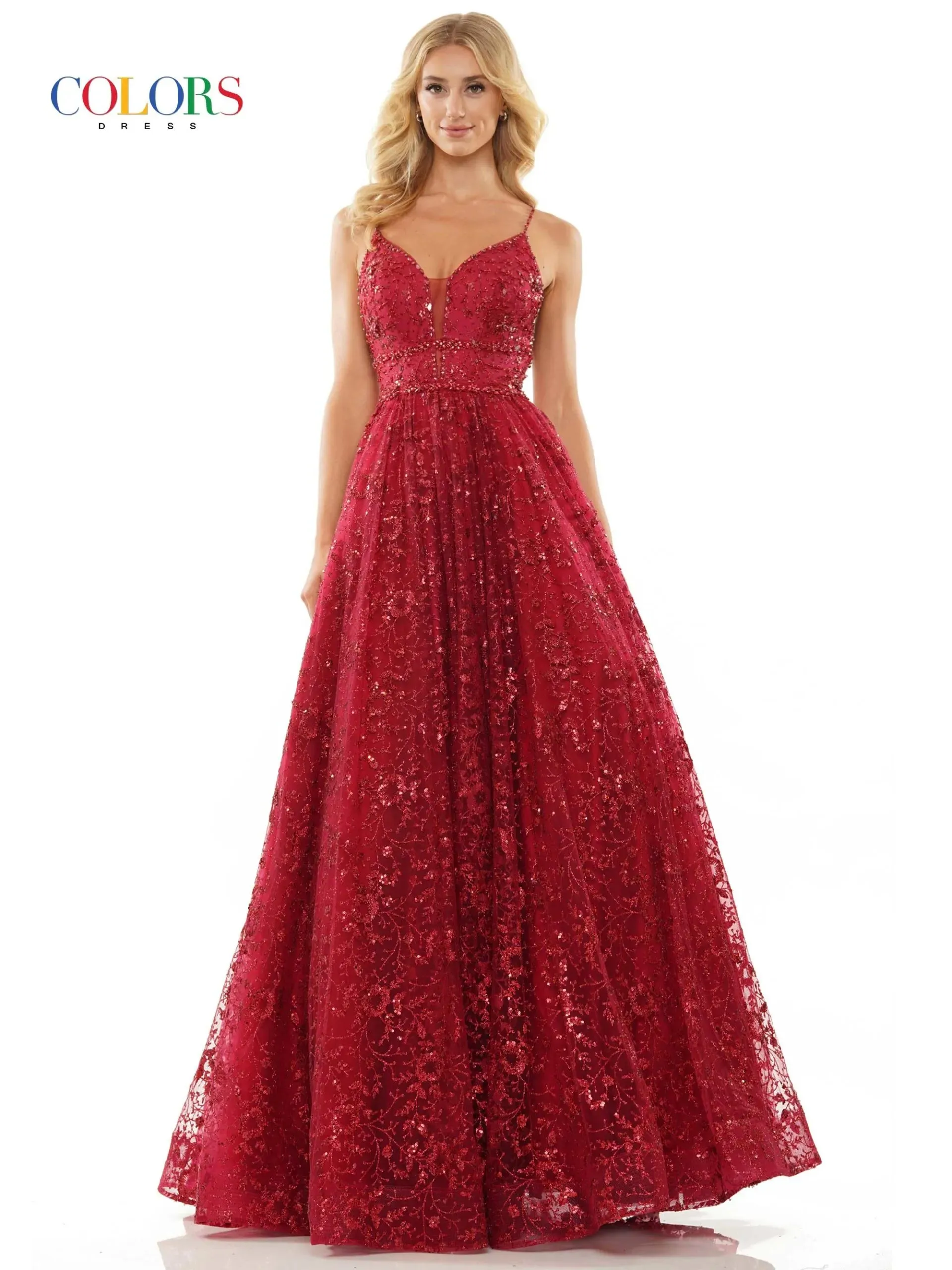 Colors Dress 2288 Long Prom Dress Glitter Sequin Mesh Ball Gown Beaded Bodice Plunging  Neckline Formal Pageant