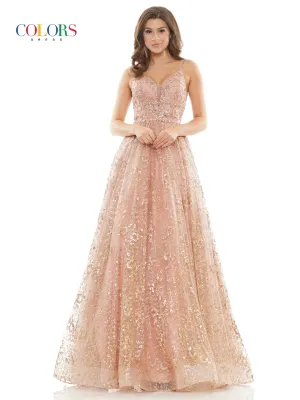 Colors Dress 2288 Long Prom Dress Glitter Sequin Mesh Ball Gown Beaded Bodice Plunging  Neckline Formal Pageant