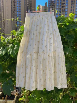 Cottagecore Floral Pleated Elastic Waist Skirt