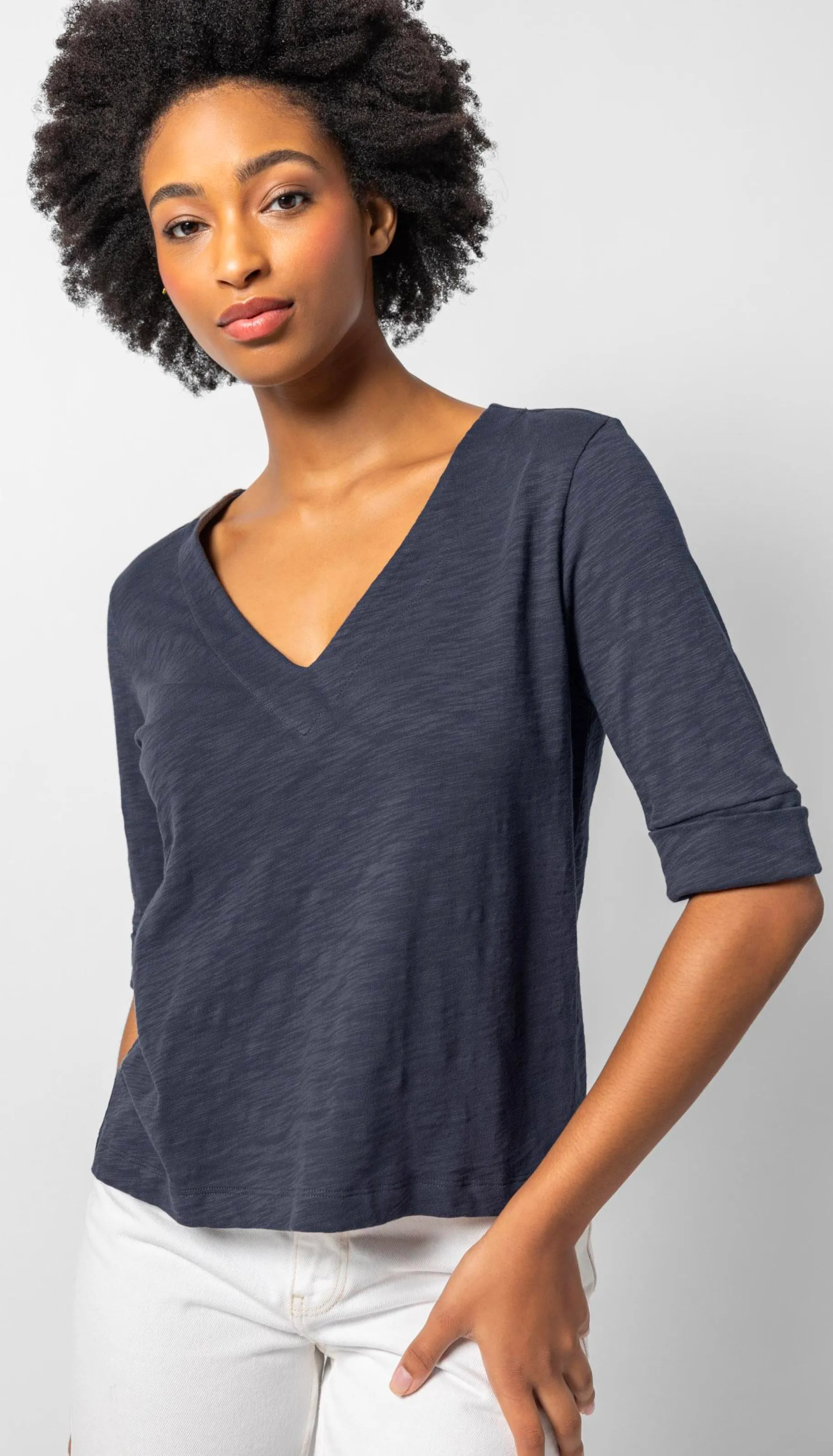 Cuffed Elbow Sleeve V Neck